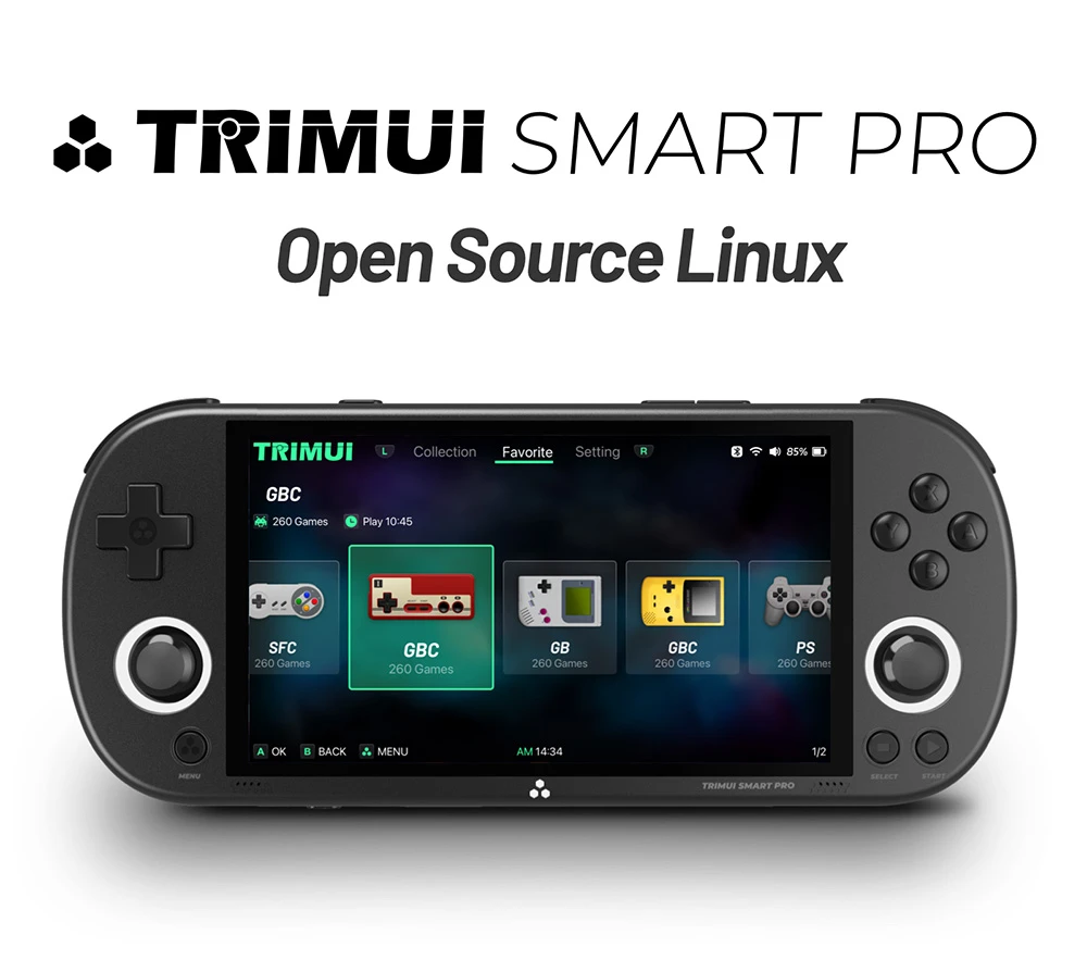 TRIMUI Smart Pro Handheld Game Console, 4.96-inch IPS Screen, Linux OS, 1GB RAM 8GB Storage 64GB TF Card, 5 Hours Playtime - Black