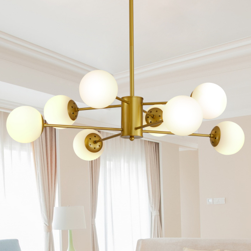 35" Modern 8-Light Gold Chandelier with White Glass Globe Shades, Mid-Century Branching Design, Elegant Ceiling Light Fixture for Dining Room, Living Room, or Bedroom (No Bulbs)、、eastwooduniform
