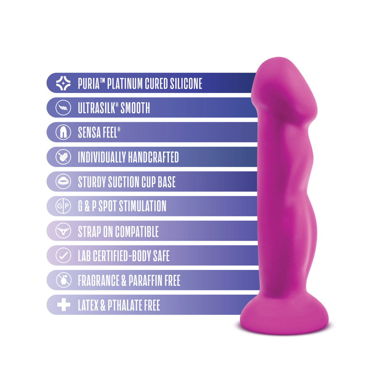 Avant By Blush® | Suko Violet D11: Artisan 8 Inch Curved P-Spot / G-Spot Dildo with Suction Cup Base - Elegantly Made with Smooth Ultrasilk® Purio™ Silicone、mySite、bottomscart