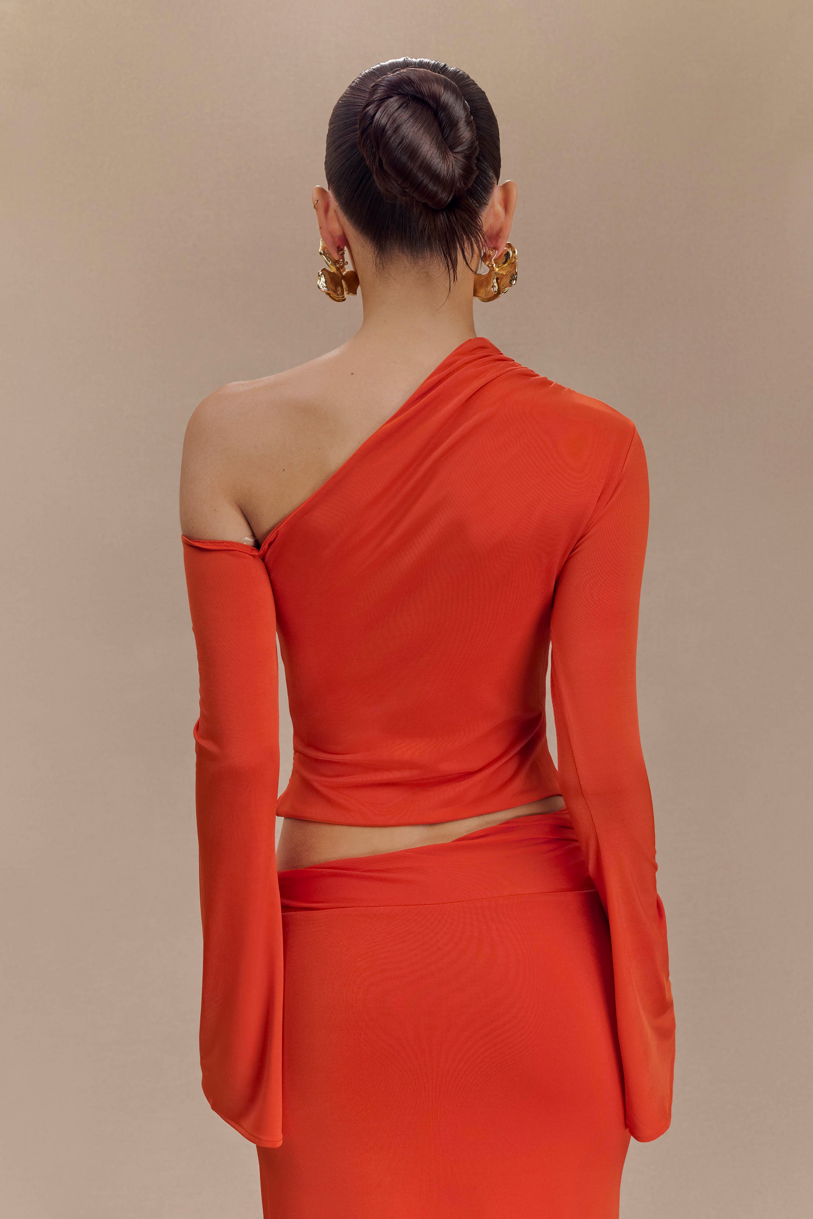 Ainsley Asymmetrical Long Sleeve Top With Floral Hardware - Burnt Orange、mySite、solidvoid