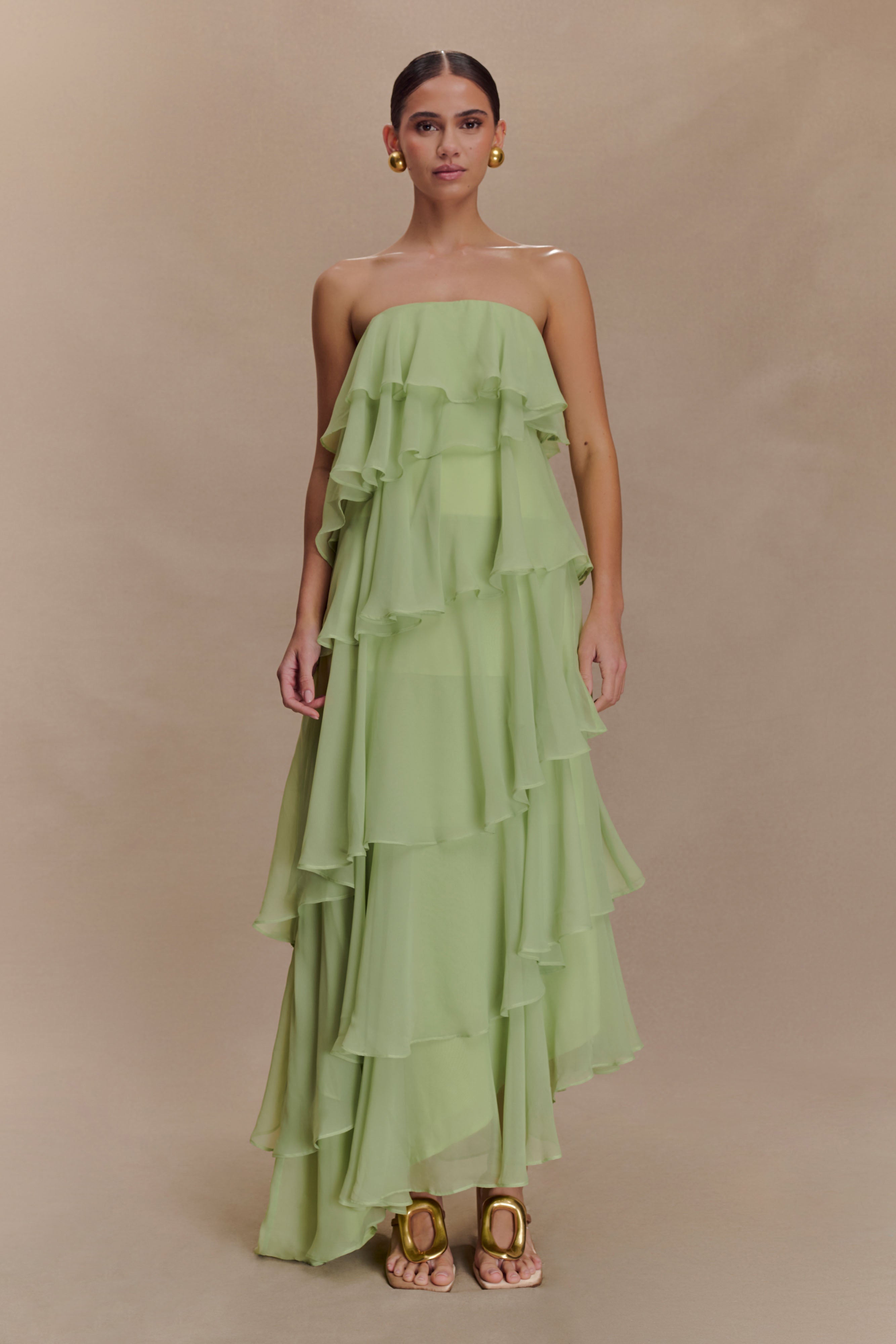 Alexa Ruffle Chiffon Maxi Dress - Pastel Lime、mySite、solidvoid
