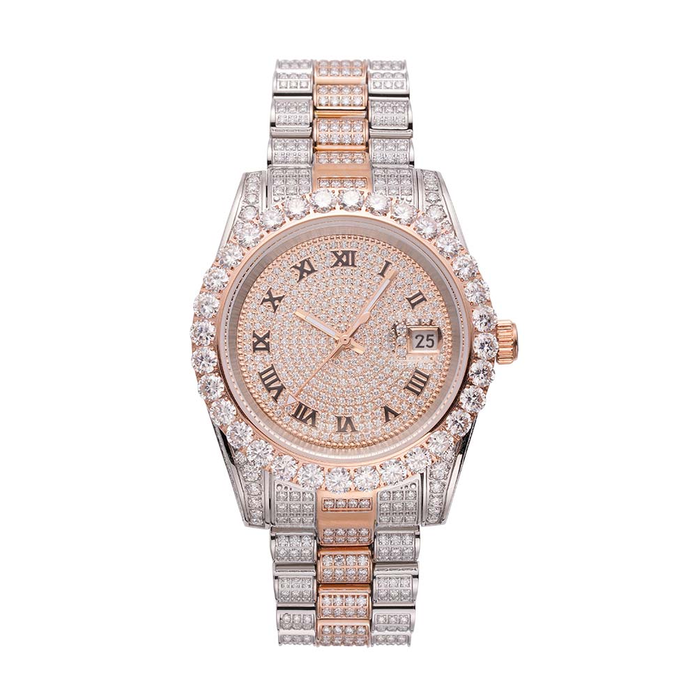 Moissanite Presidential Watch | 41MM | Roman Numeral Dial | 18.3CT Iced Out | 14K Rose Gold、mySite、hinf8tx79