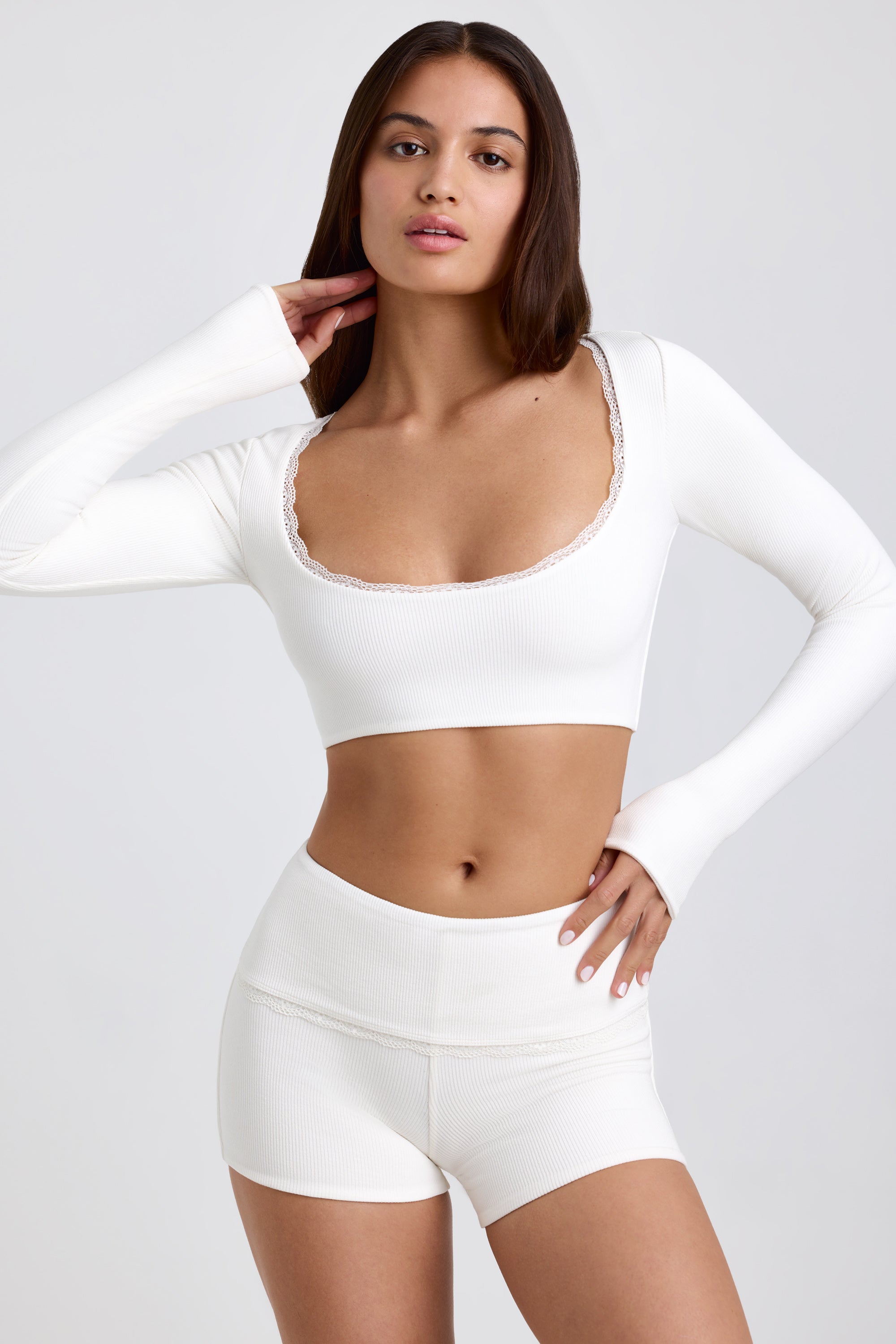 Ribbed Modal Lace-Trim Crop Top in White、mySite、solidvoid