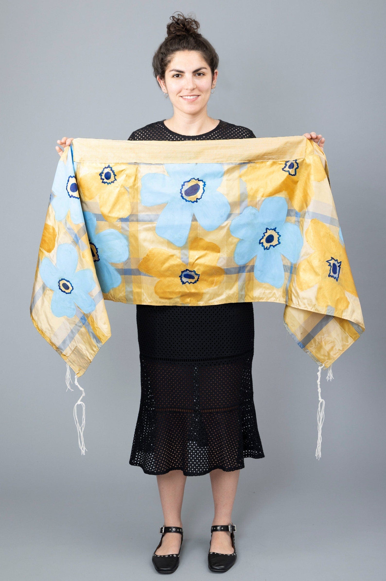 Blue and Gold Silk Plaid Tallit with Hand-Painted Flowers、mySite、topwebapps