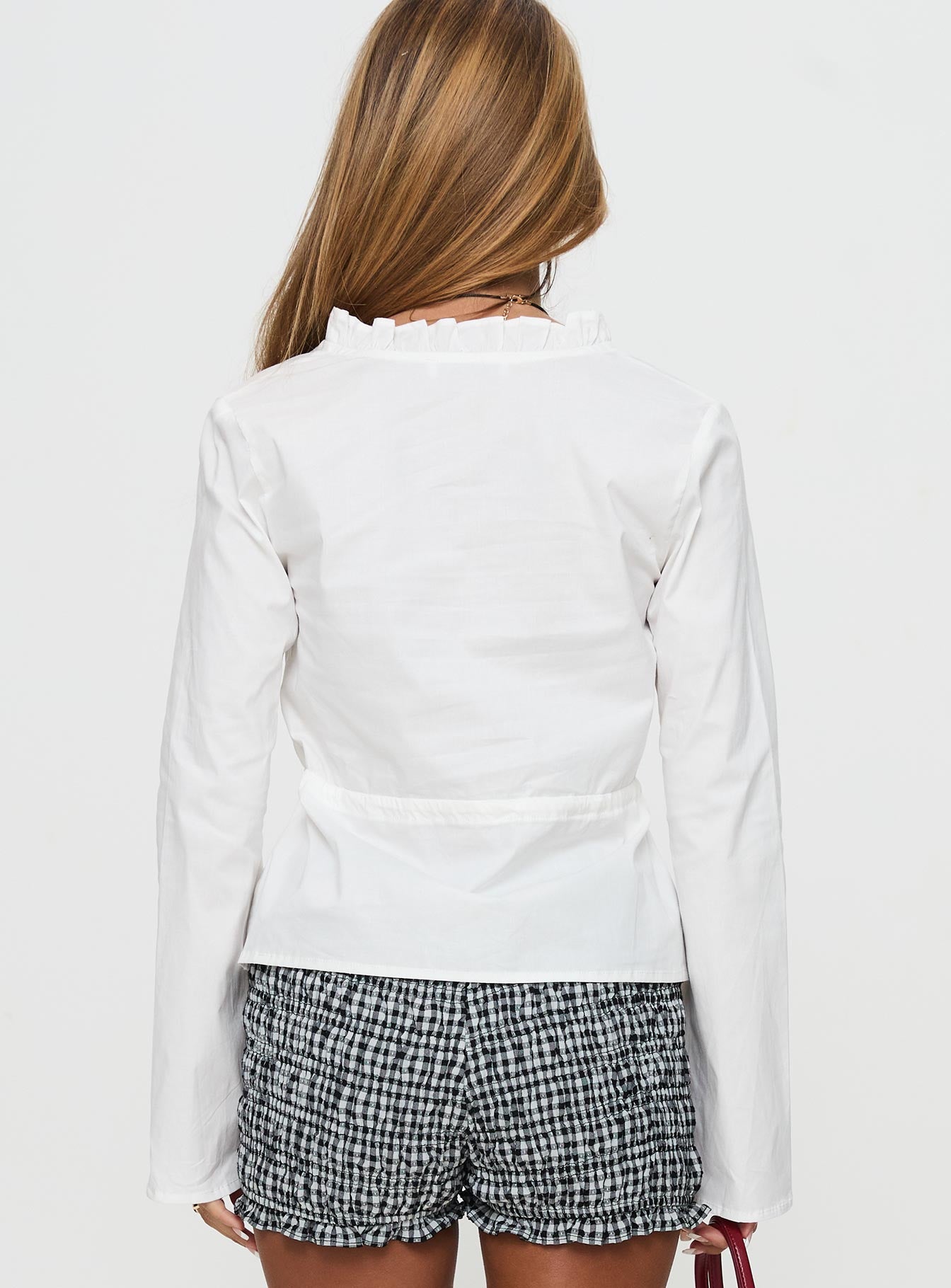 Harloe Ruched Tie Up Long Sleeve Top White、mySite、solidvoid