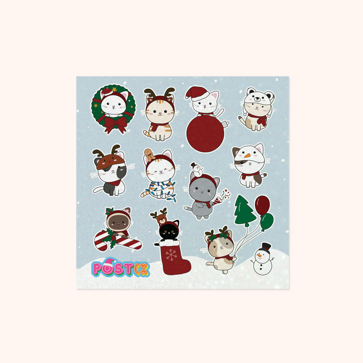  Cute Christmas Cats Square Glitter Sticker Sheet、mySite、ghnorth