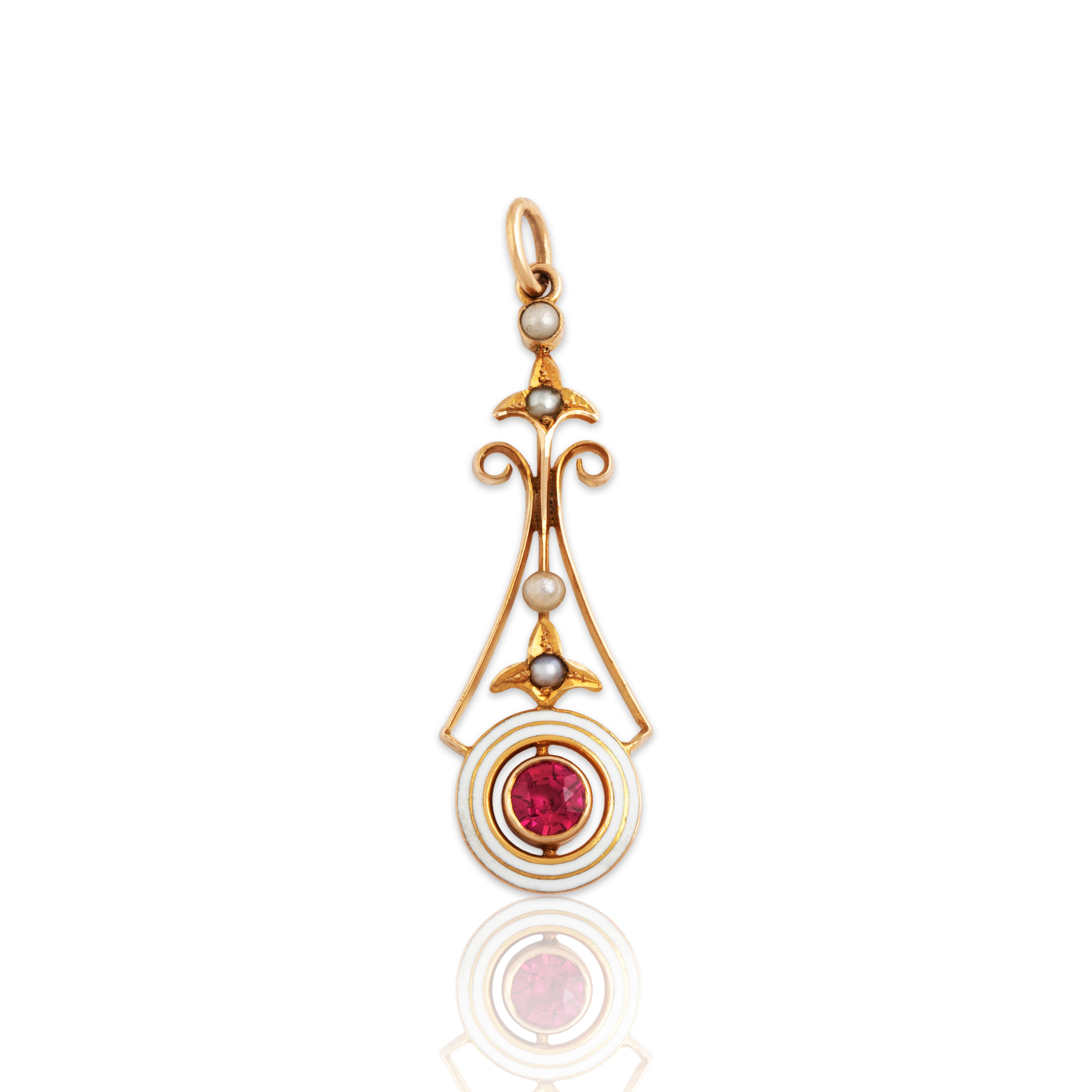 Antique Art Nouveau 10k Yellow Gold Synthetic Ruby Pearl Enamel Elegant Pendant、mySite、hinf8tx79