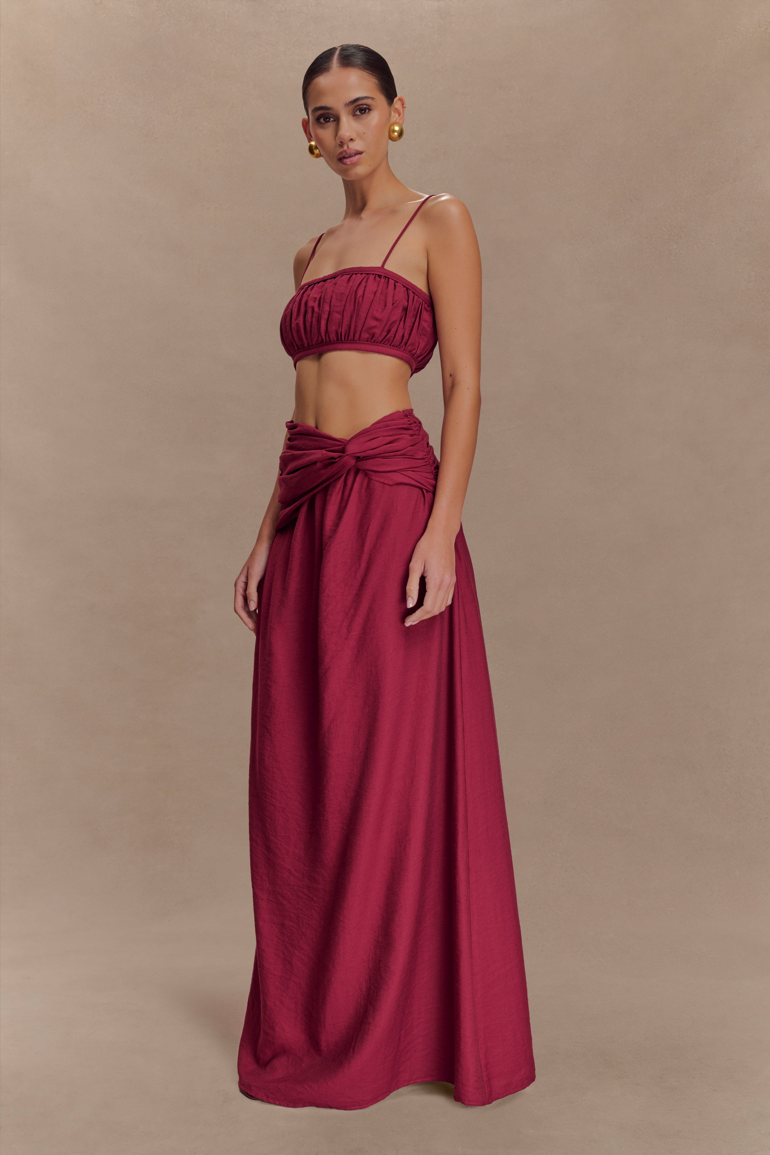 Scottie Gathered Linen Knot Maxi Skirt - Wine、mySite、solidvoid