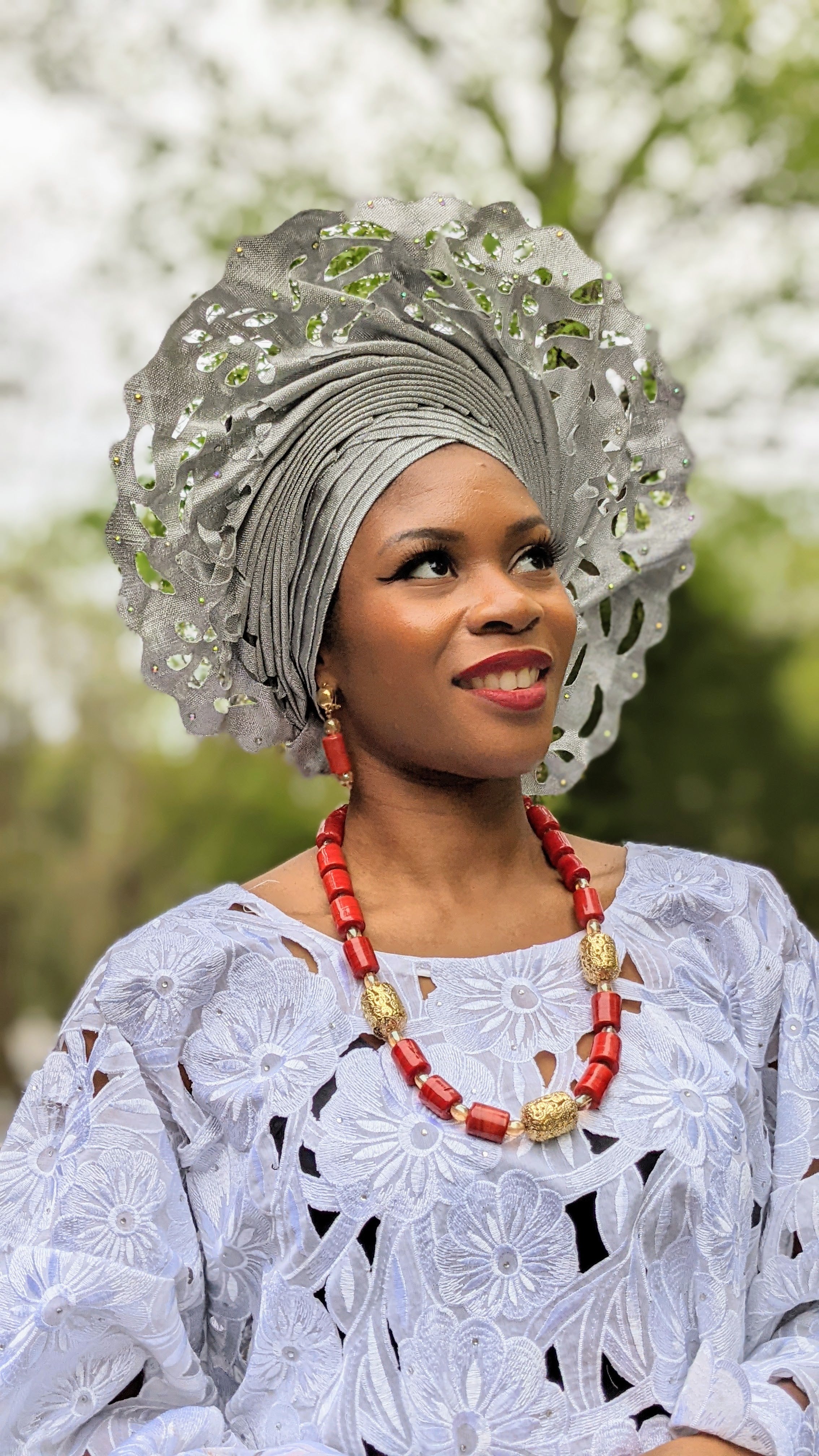 Pre-tied Olayemi Silver African Lazercut Aso oke Autogele Head Wrap with Decorative Hole Patterns-DPASHP03、mySite、solidvoid