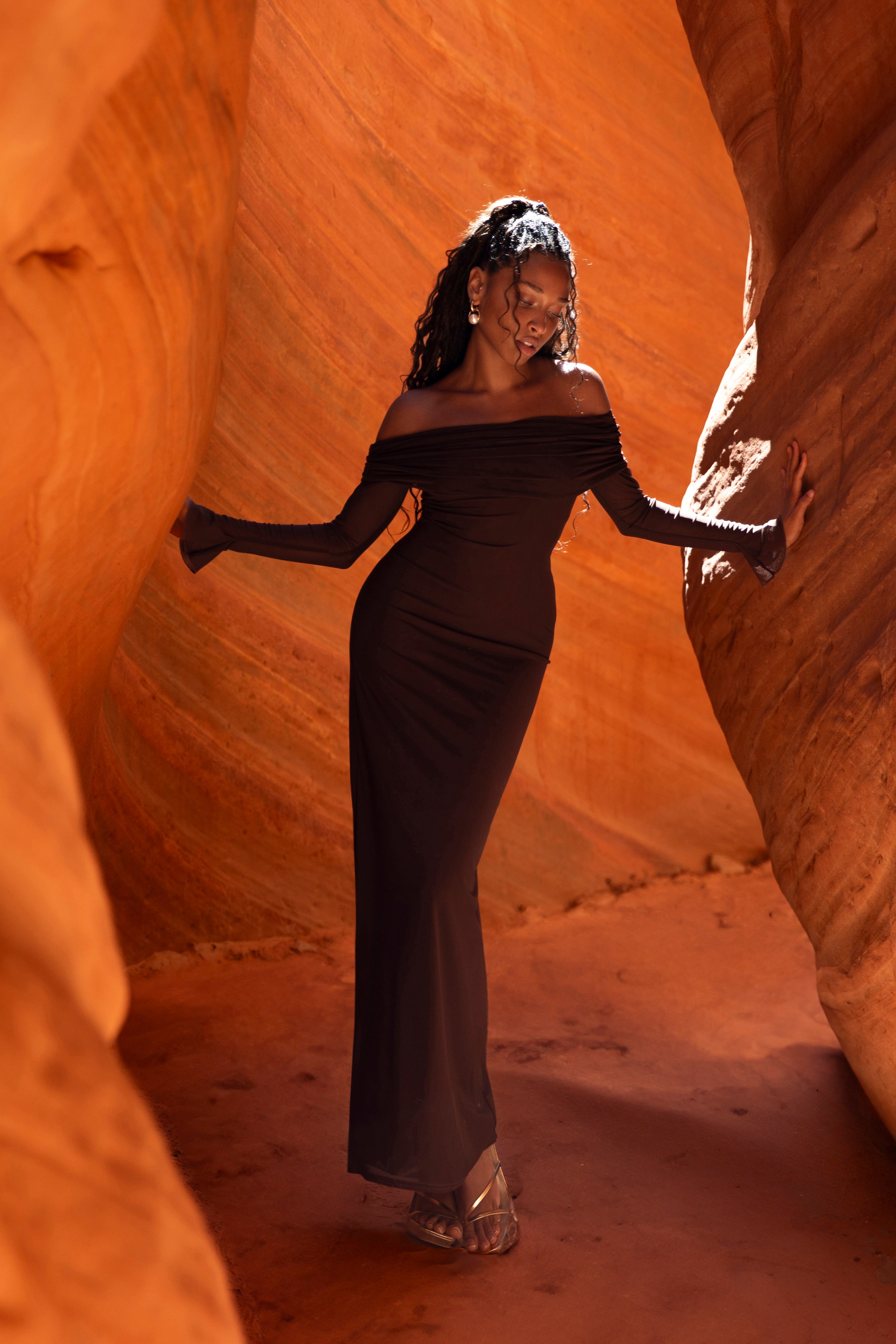 Josie Off Shoulder Mesh Maxi Dress - Dark Brown、mySite、solidvoid