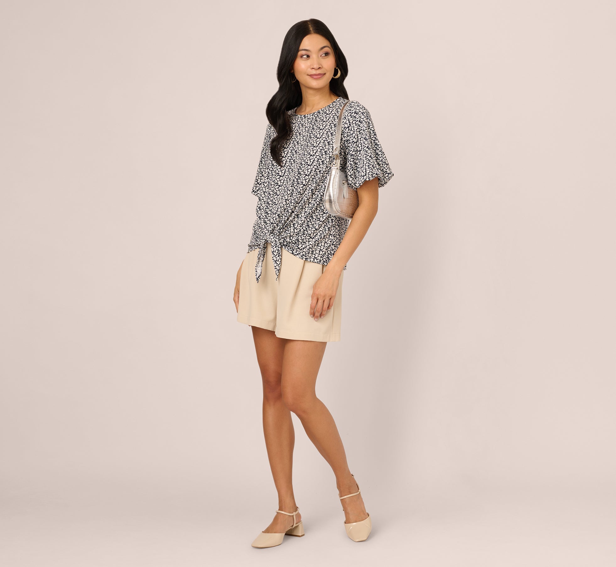 Bubble Sleeve Printed Tie Waist Top In Navy Stencil、mySite、solidvoid