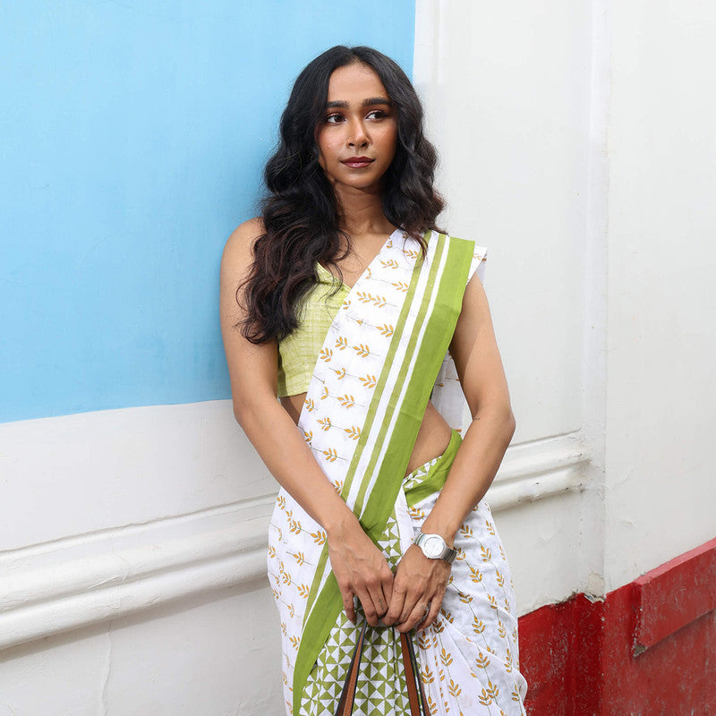 Cotton Saree | Hand Block Print | White & Green、mySite、camillekostekn