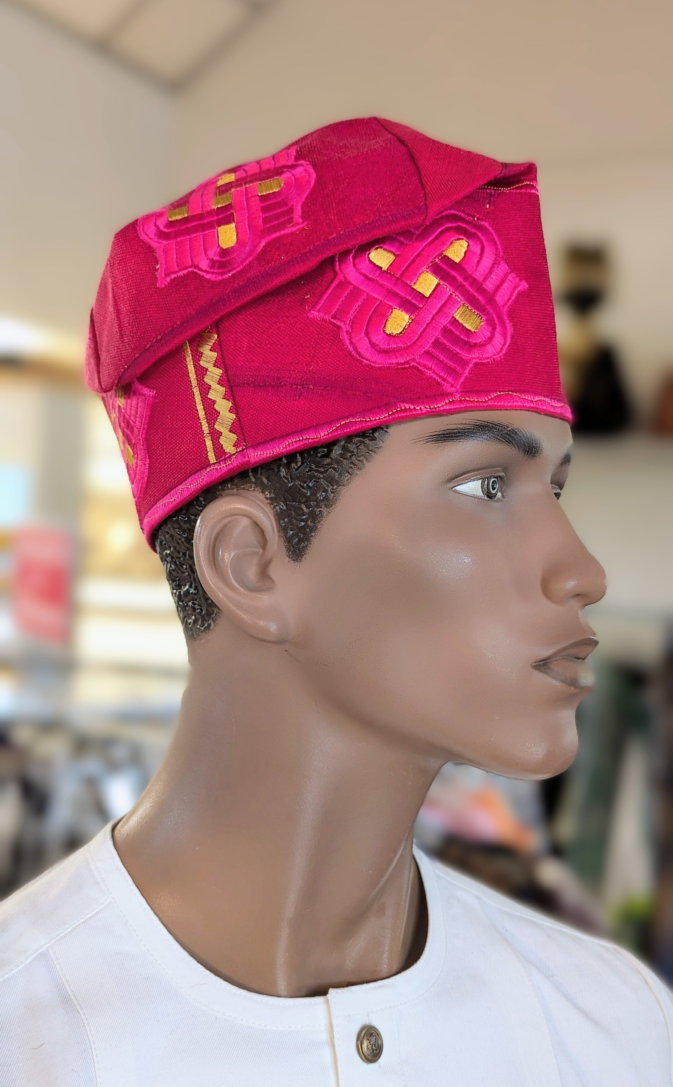 Royal Fuchsia Talaba Nigerian Aso Oke Fila Kufi Cap Hat with Gold embroidery DPAFPG3、mySite、solidvoid