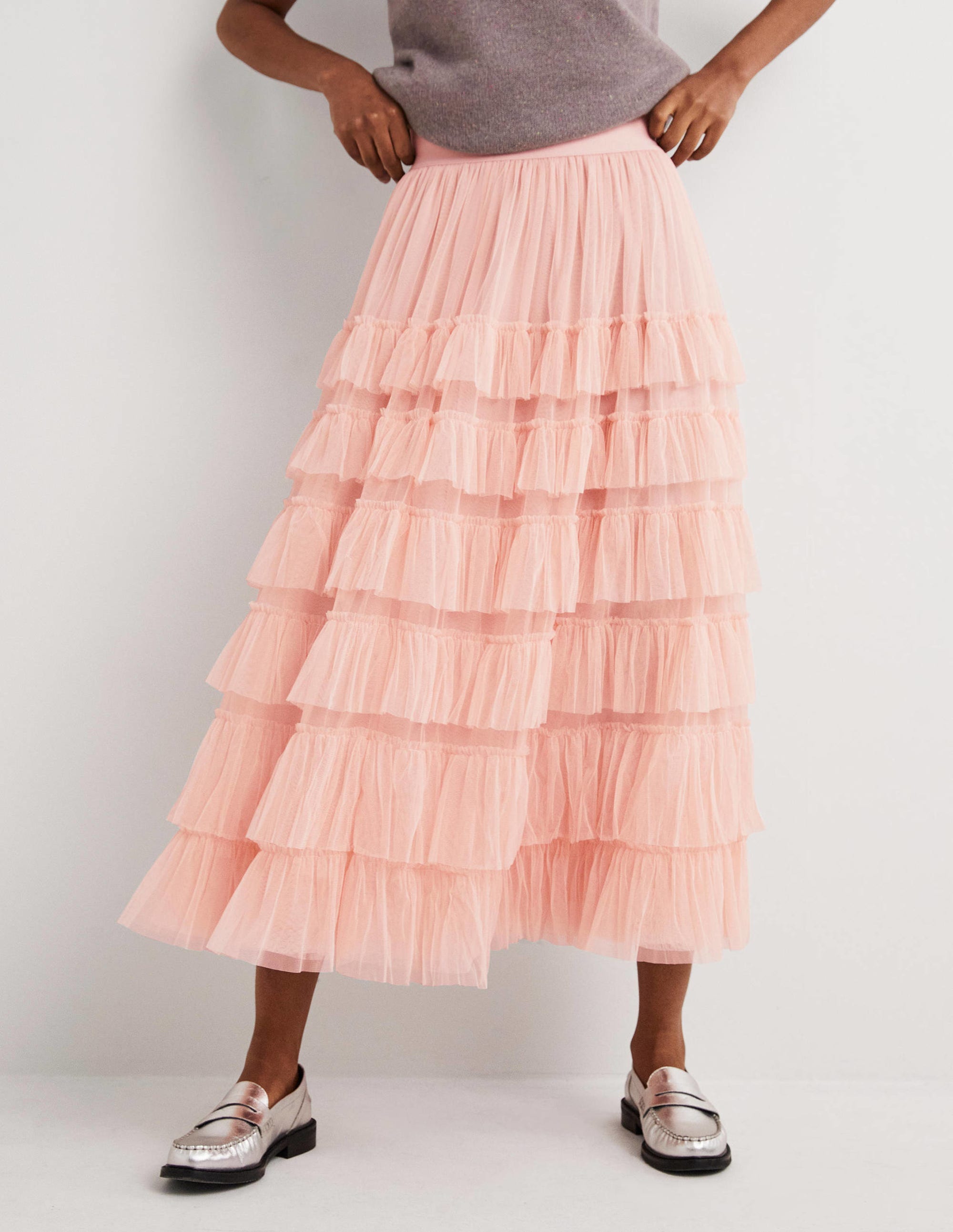  Pink Ruffle Tulle Midi Skirt-Antique Rose、mySite、ashleygrahame