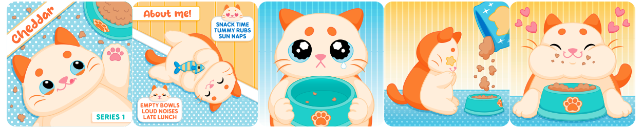 Comic of a white MewMews plush by Aurora: Cheddar the orang tabby kitty plush loves to eat and eat!