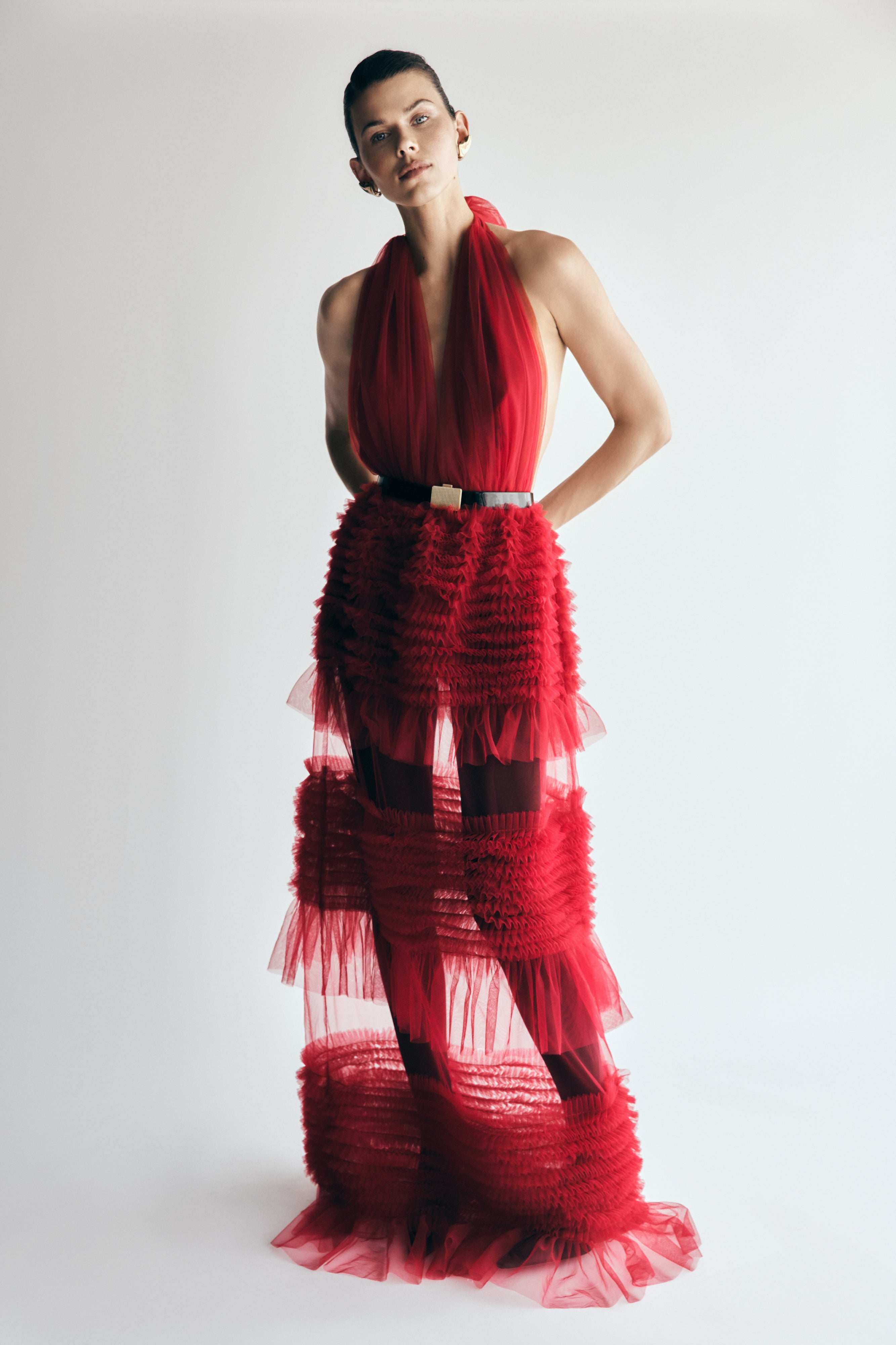 Minka Mesh Ruffle Halter Maxi Dress - Red、mySite、solidvoid