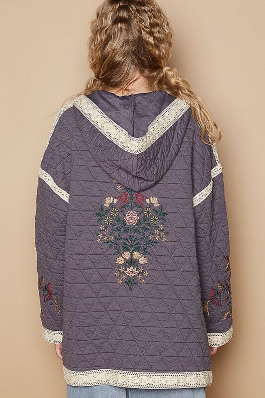 POL Embroidered Open Front Quilted Jacket with Crochet Pockets、mySite、camillekostekn