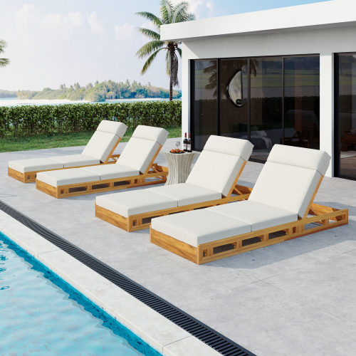 LOUNGE CHAISE SET, ACACIA WOOD WITH WATER-RESISTANT LOUNGE CUSHIONS (CREAM & 4 INCH THICK) - MATCHING DARK GREY VERSION AVAILABLE、、eastwooduniform