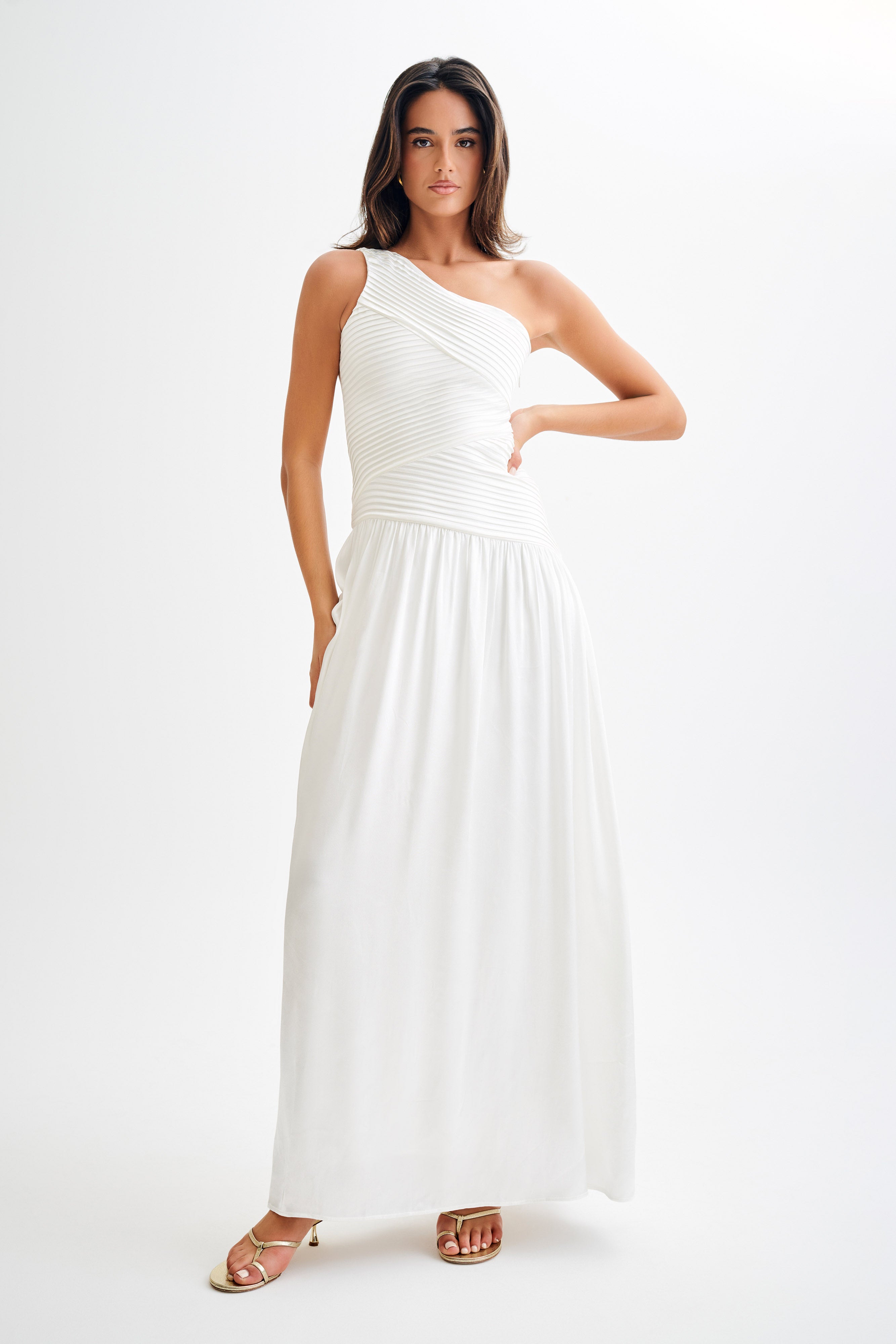 Jenna One Shoulder Pleated Maxi Dress - Ivory、mySite、solidvoid