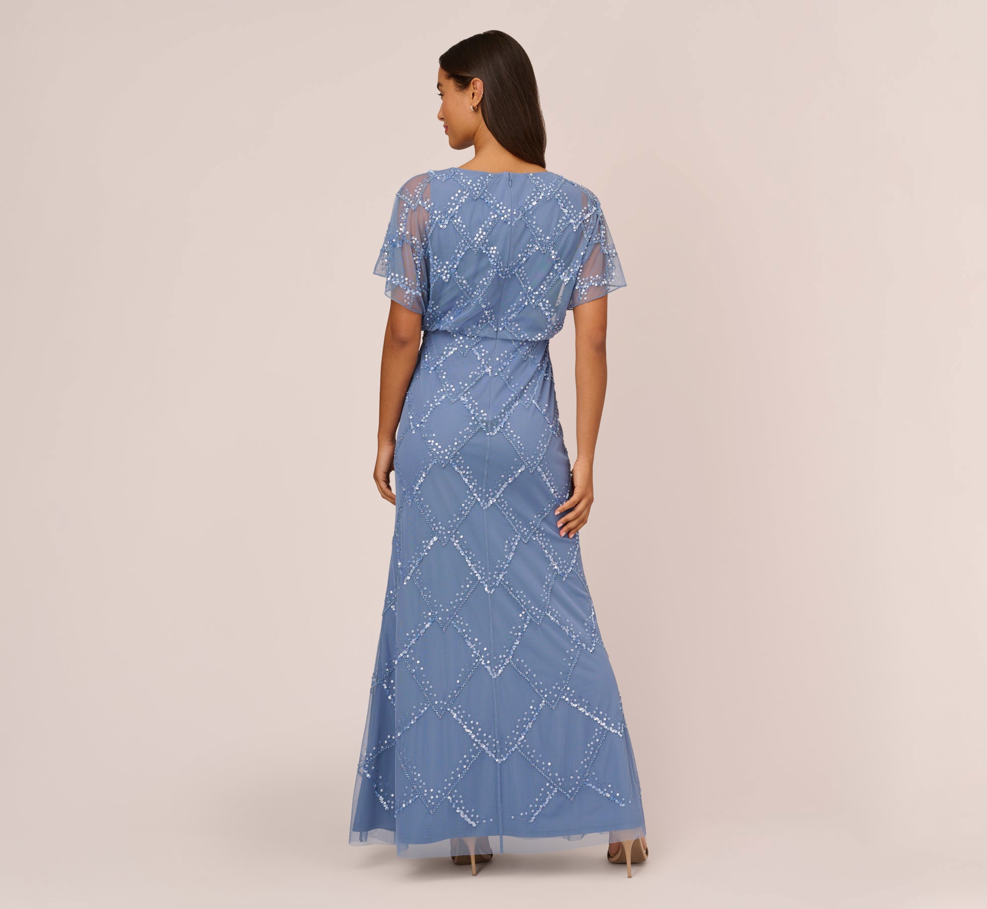 Hand-Beaded Blouson Long Gown With Flutter Sleeves In French Blue、mySite、solidvoid