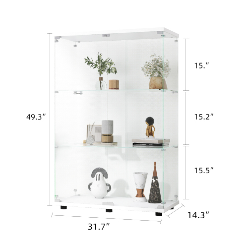 Two-door Glass Display Cabinet 3 Shelves with Door, Floor Standing Curio Bookshelf for Living Room Bedroom Office, 49.3"*31.7"*14.3", White、、casual