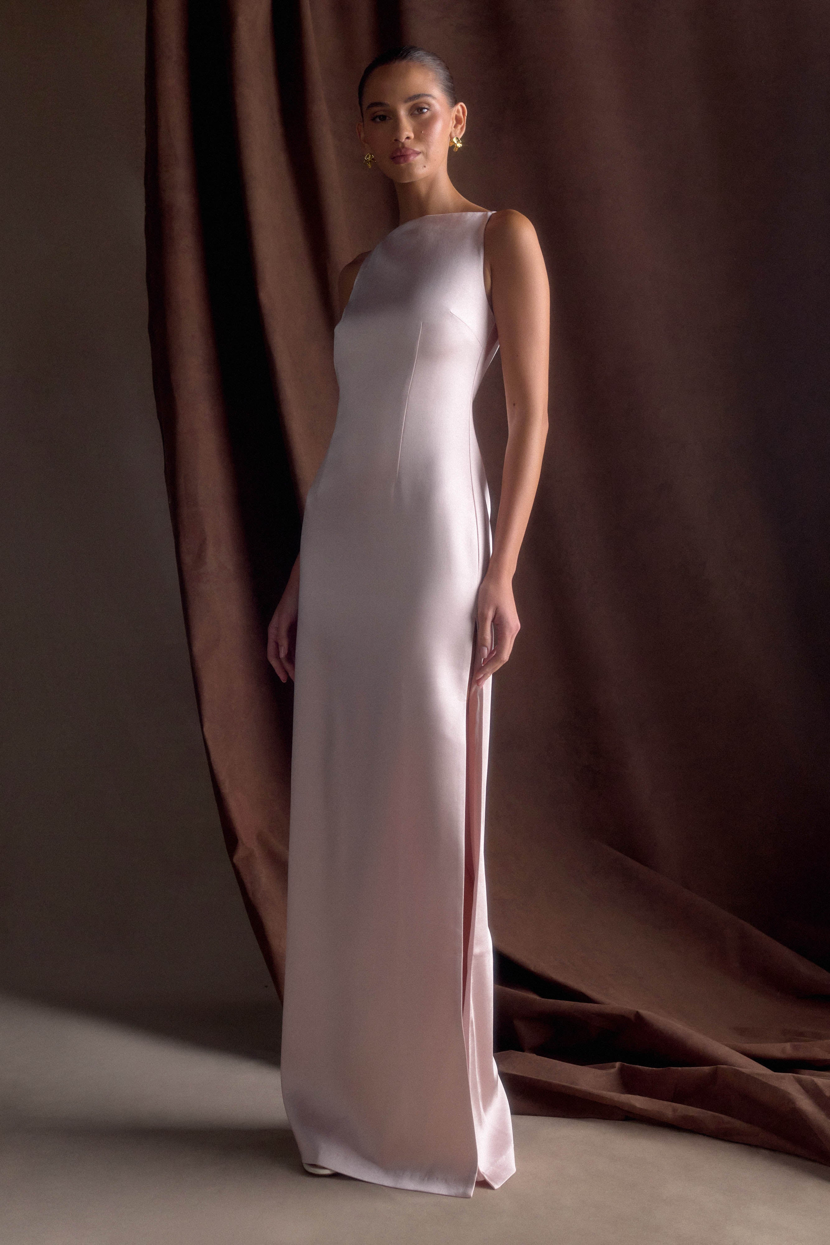 Violet Sleeveless Satin Maxi Dress - Soft Pink、mySite、solidvoid