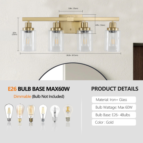 31" Golden 5-Light Vanity Light with Clear Glass Shades, Modern Iron Metal Bathroom Wall Fixture for Mirror, Ideal for Bathroom and Dressing Table (No Bulbs)、、eastwooduniform