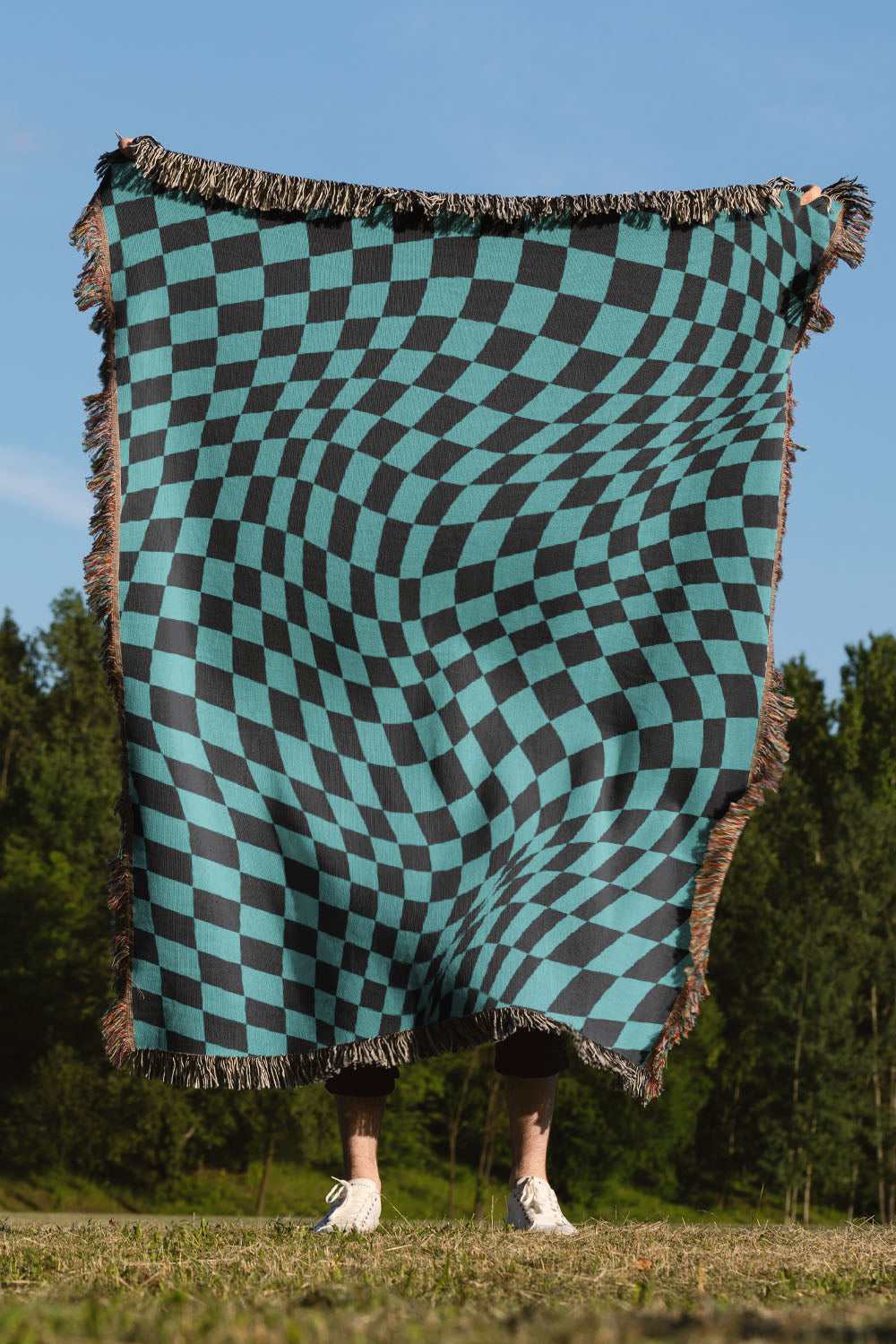 Trippy Checkers Black and Blue Cotton Woven Throw Blanket、mySite、gigharbornorthrealestate
