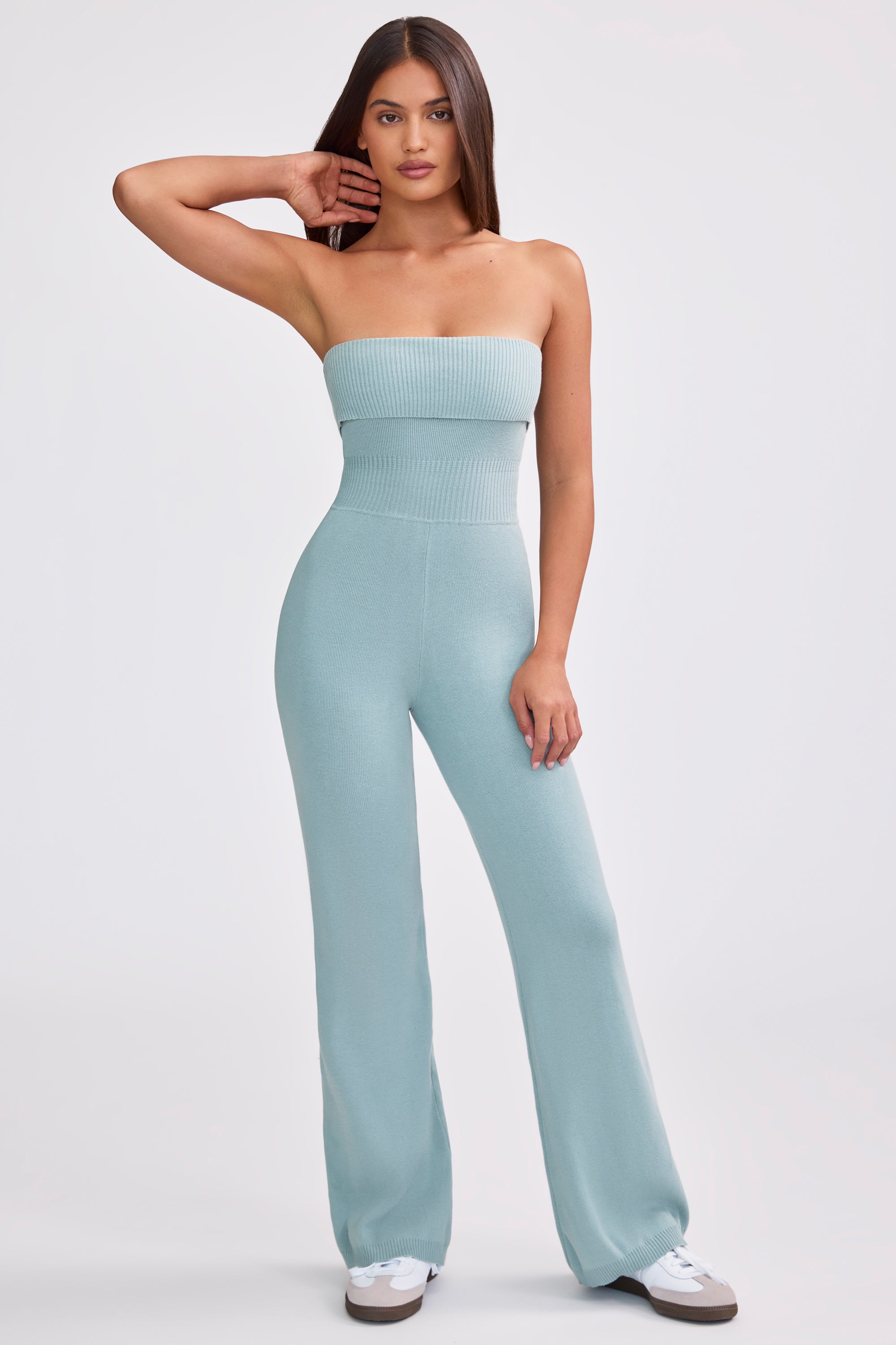 Bandeau Kick Flare Chunky Knit Jumpsuit in Dusty Teal、mySite、solidvoid