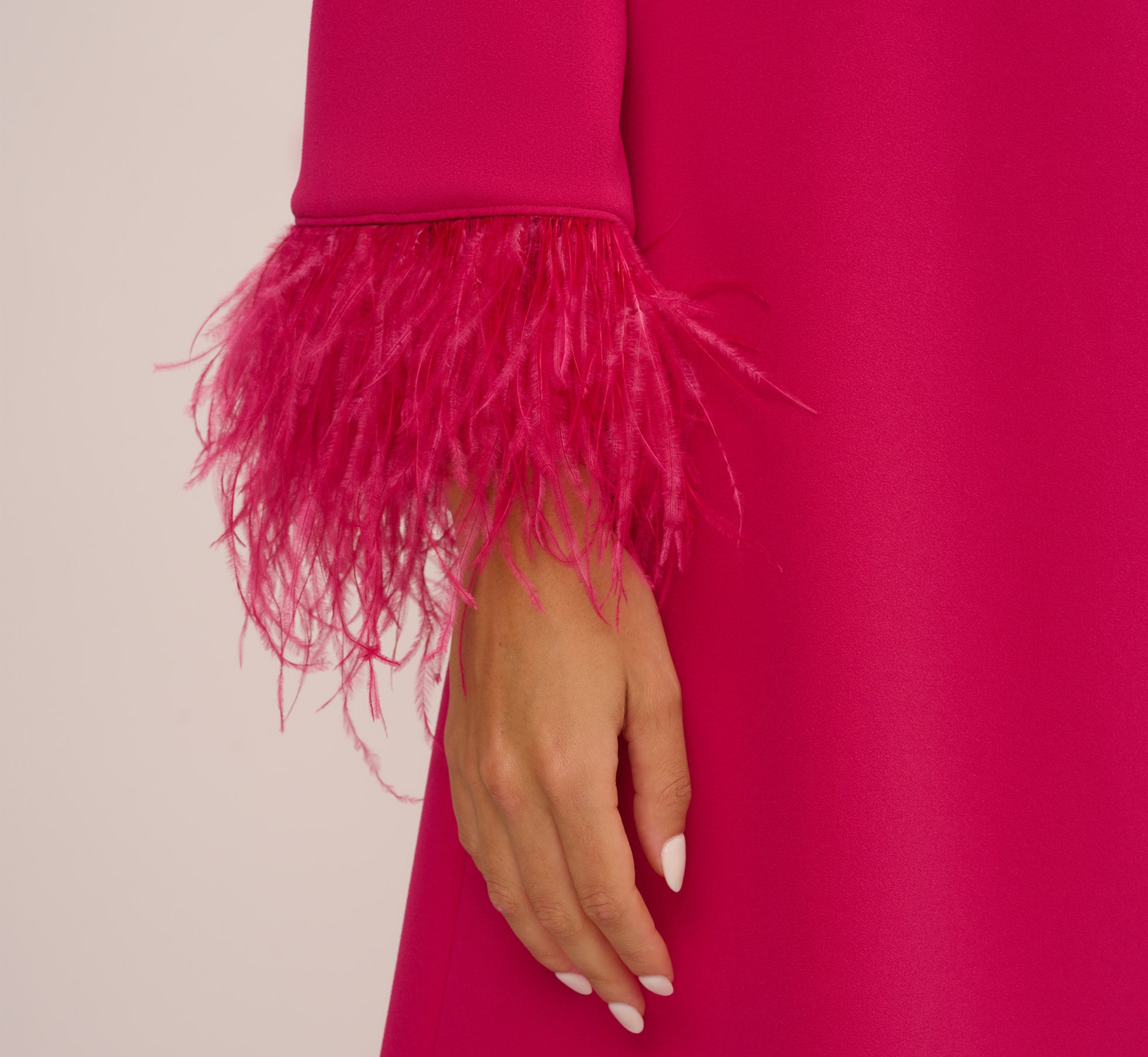 Knit Crepe One Shoulder Long Sleeve Dress With Feather Accents In Bright Rose、mySite、solidvoid
