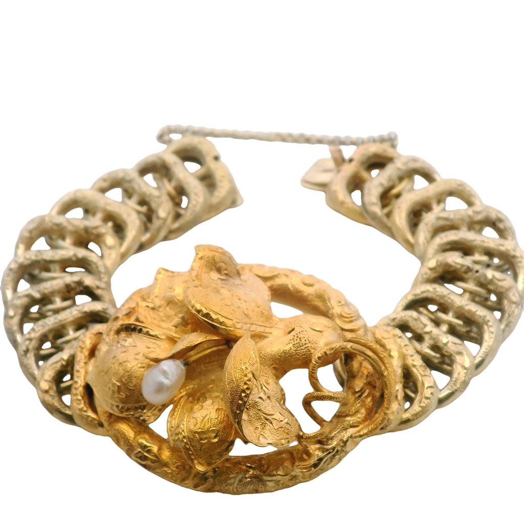  Estate 14K Yellow Gold Natural Pearl Orchid Flower Antique Bracelet