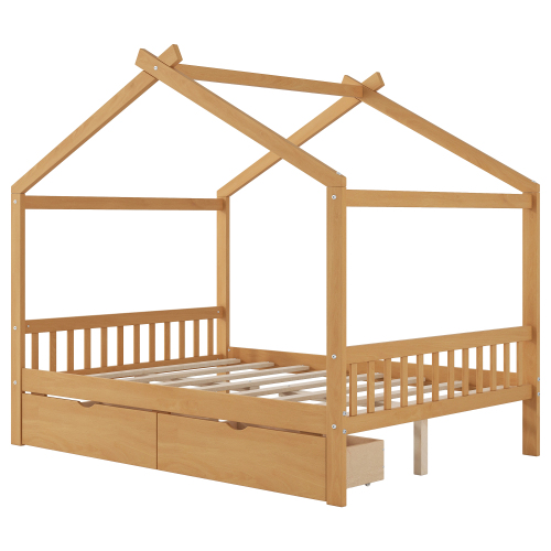 Twin Size House Platform Bed with Headboard and Footboard,Roof Design,Natural、、casual