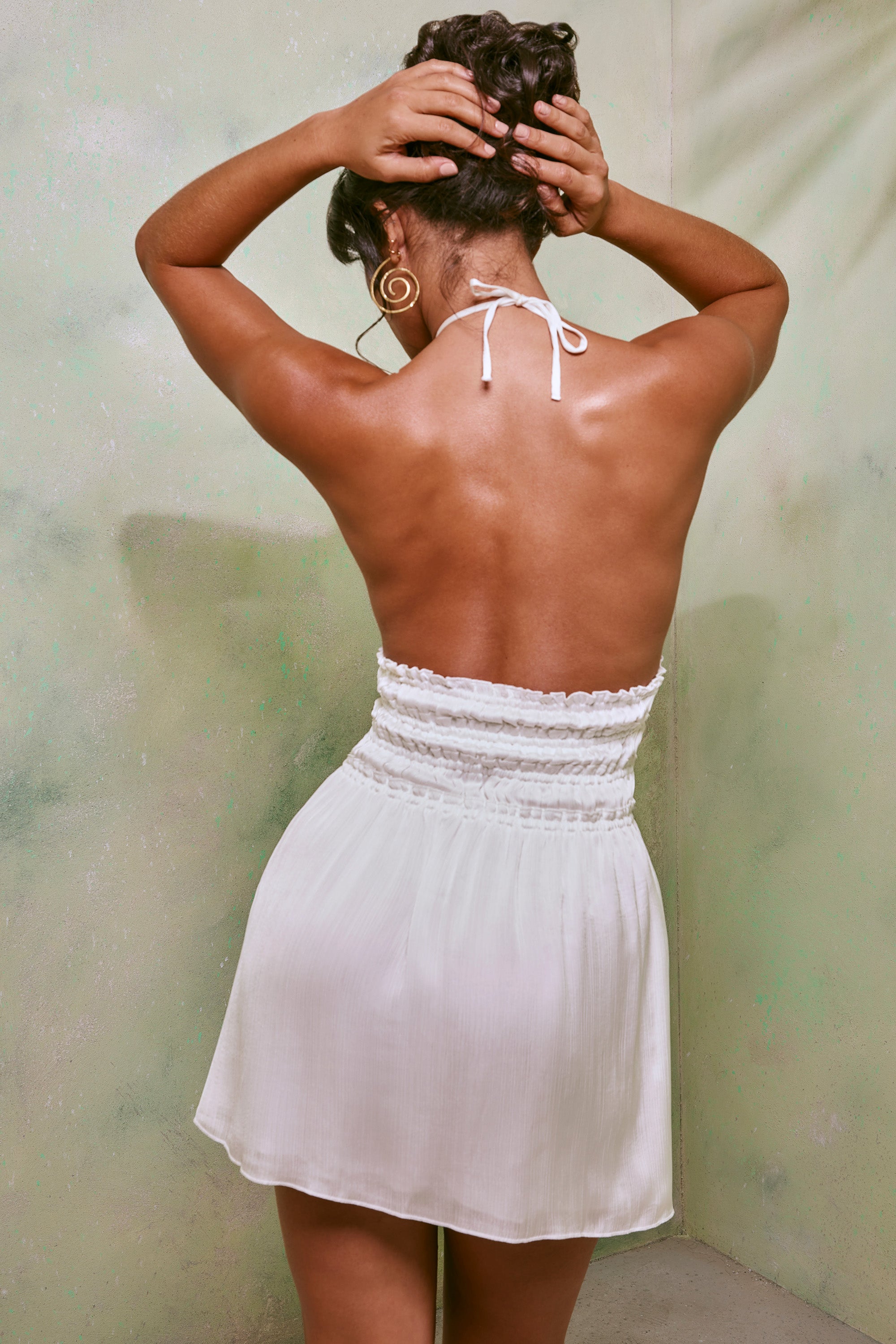 Halter Neck Cut Out Shirred Mini Dress in White、mySite、solidvoid