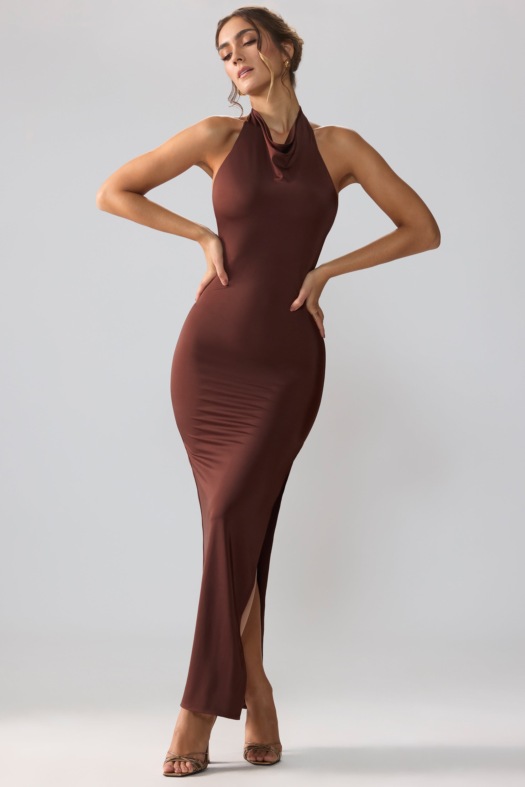 Premium Jersey Cowl Neck Backless Maxi Dress in Espresso、mySite、solidvoid