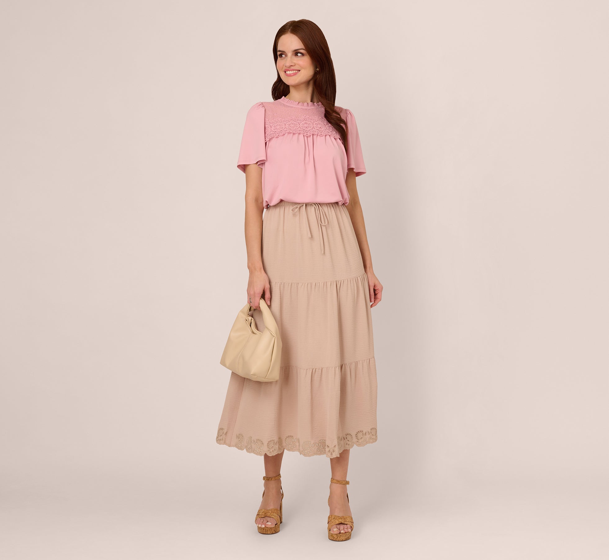 Tiered Eyelet Hem Drawstring Midi Skirt In Bamboo、mySite、solidvoid