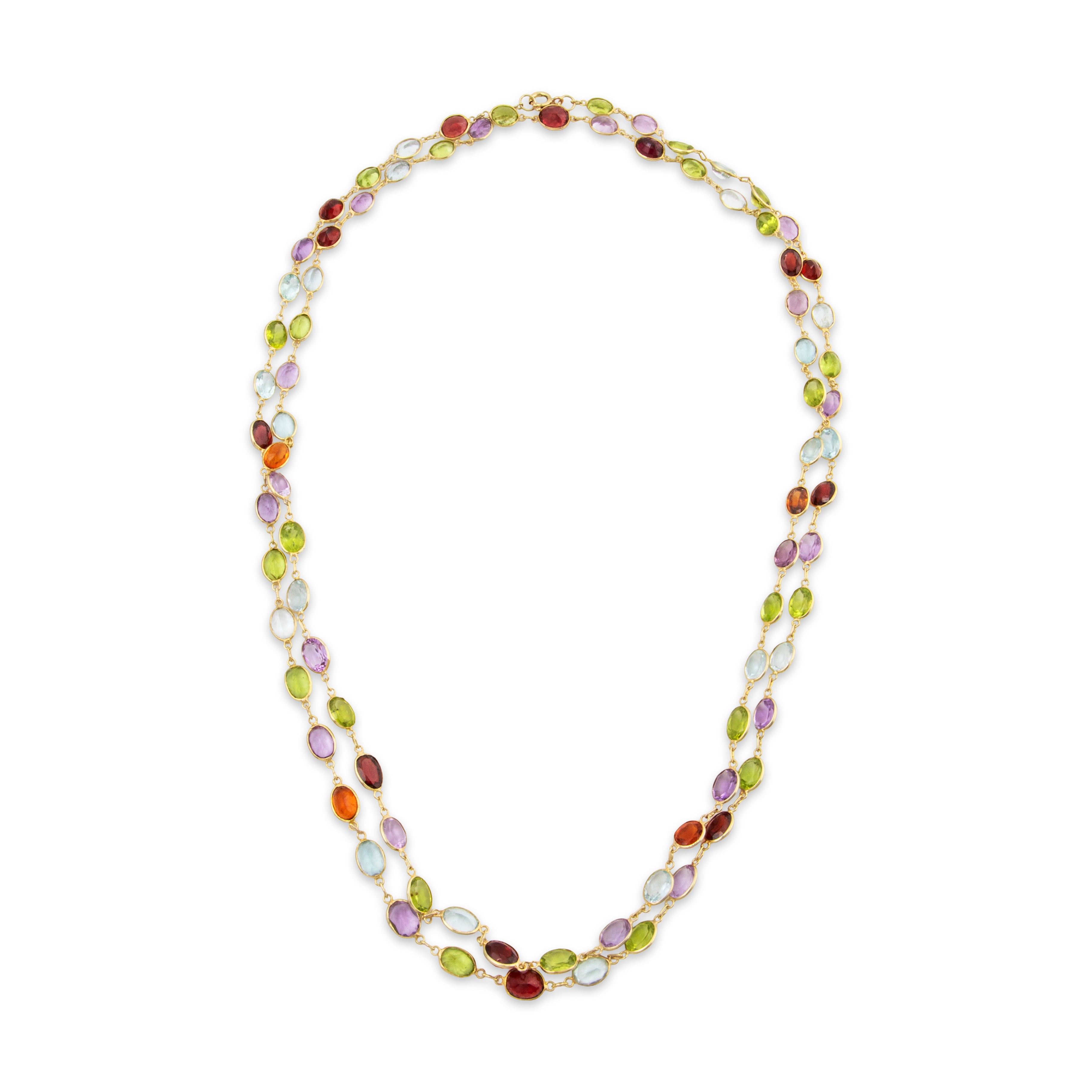 Vintage long 14k Yellow Gold 37cttw Peridot Amethyst Aquamarine Station Necklace、mySite、hinf8tx79
