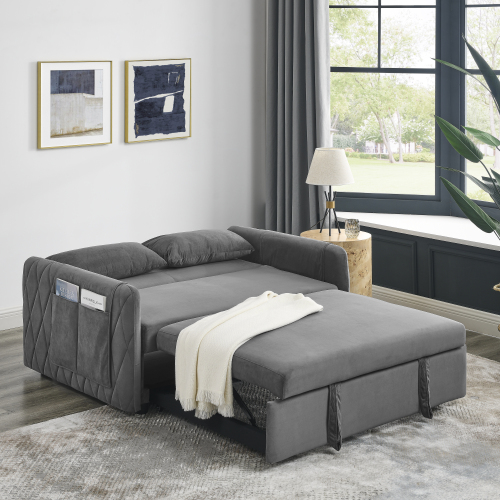55" Modern Convertible Sofa Bed with 2 Detachable Arm Pockets, Velvet Loveseat Sofa with Pull Out Bed, 2 Pillows and Living Room Adjustable Backrest, Grid Design Armrests、、casual
