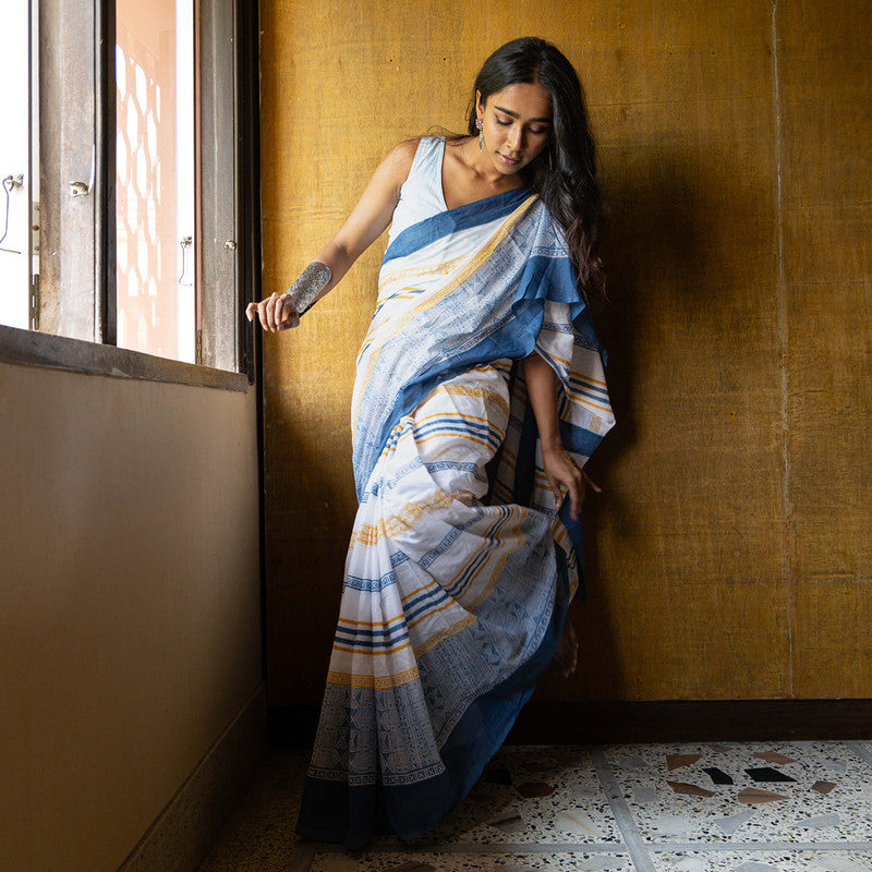 Cotton Printed Saree | Hand Block Print | White & Blue、mySite、camillekostekn