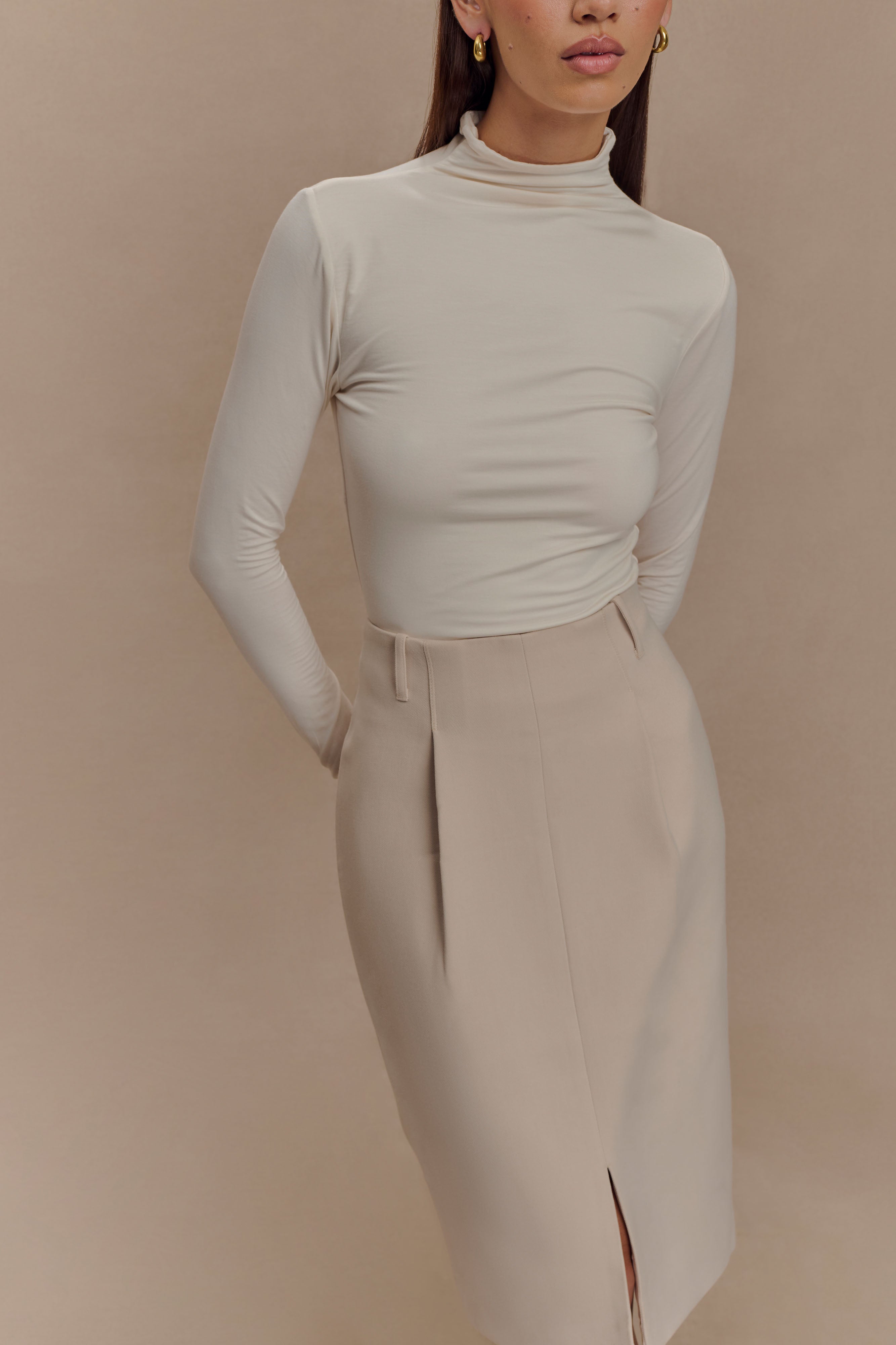 Vera Suiting Split Front Midi Skirt - Ivory Stone、mySite、solidvoid