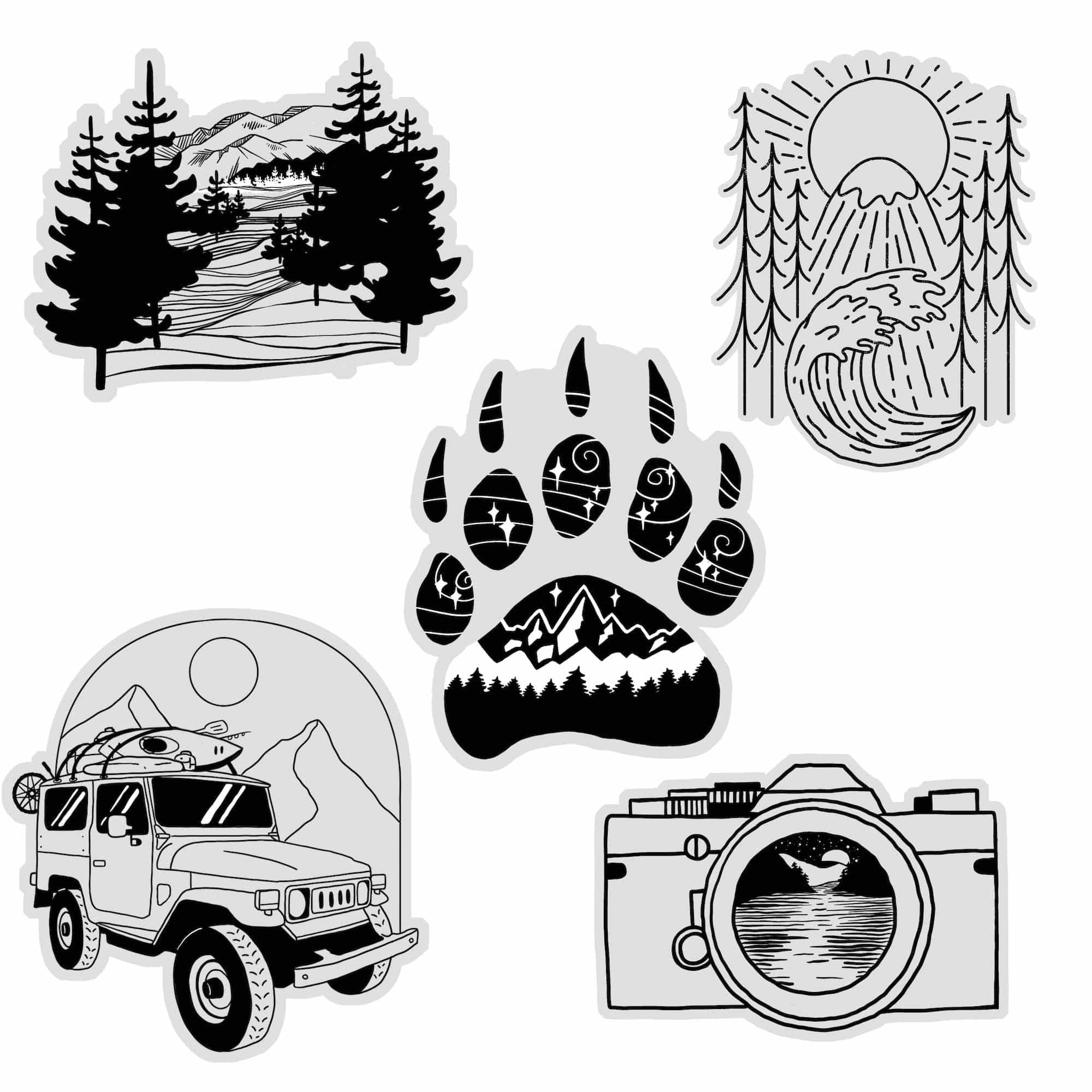  Nature Camping Black & White Clear Stickers 5 Pack、mySite、ghnorth
