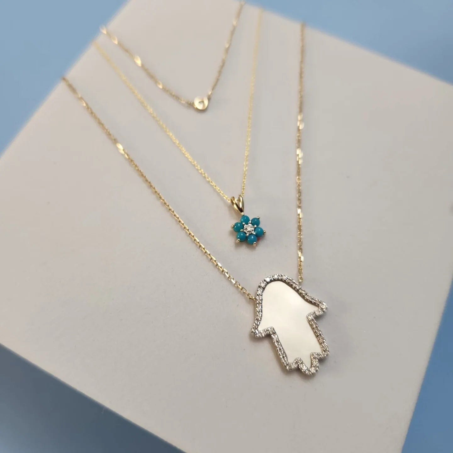 14k Gold Hamsa Diamond Frame Necklace - Turquoise or Mother of Pearl、mySite、topwebapps