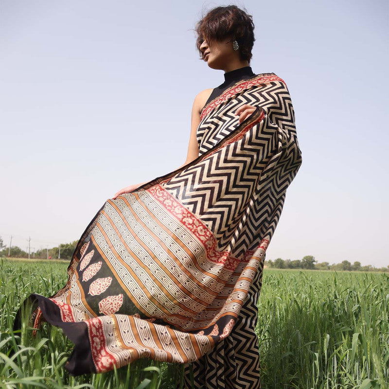 Festive Wear | Chanderi Bagru Printed Saree | Beige & Black、mySite、camillekostekn