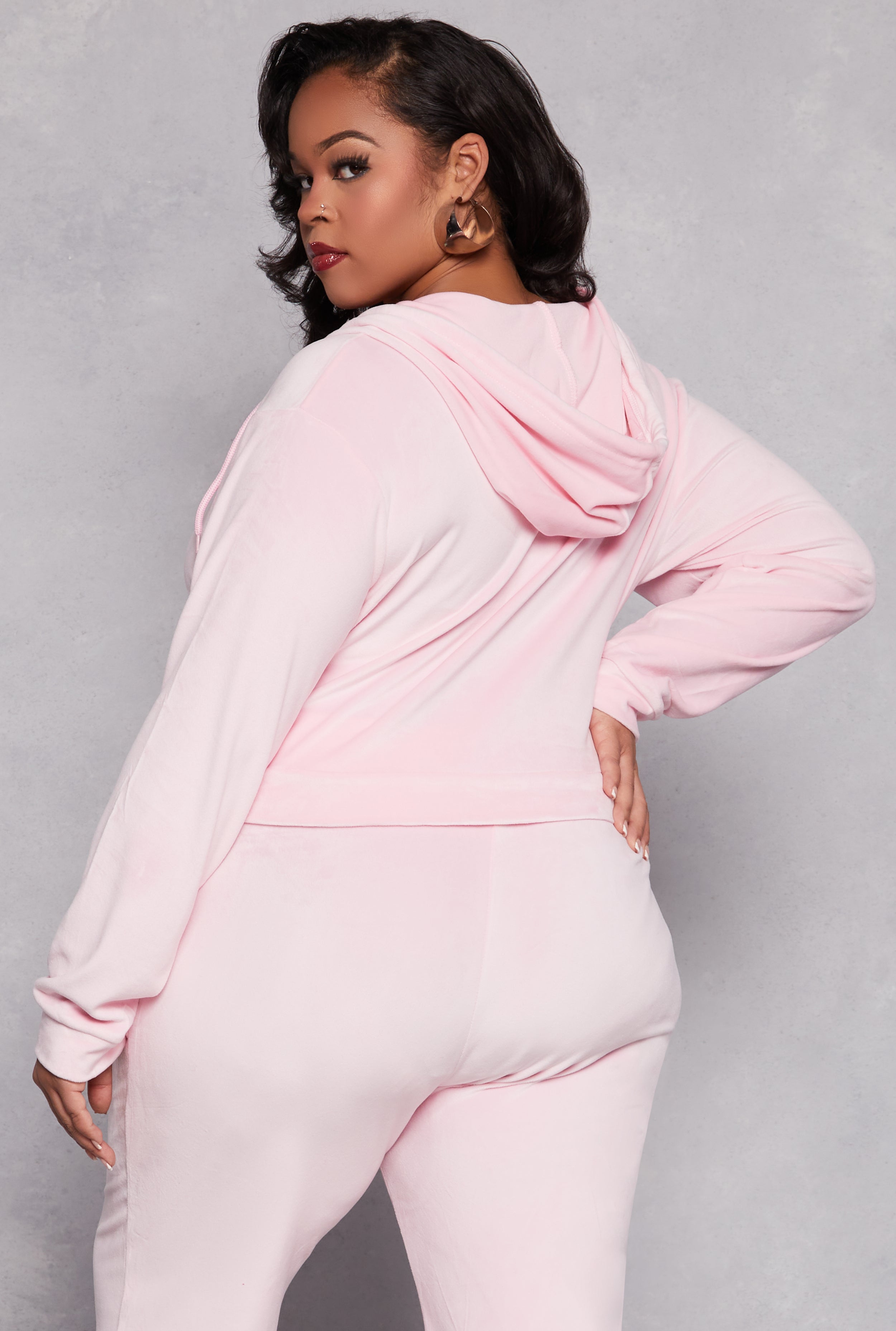 Plus Size Velour Zip Front Hooded Crop Top、mySite、camillekostekn