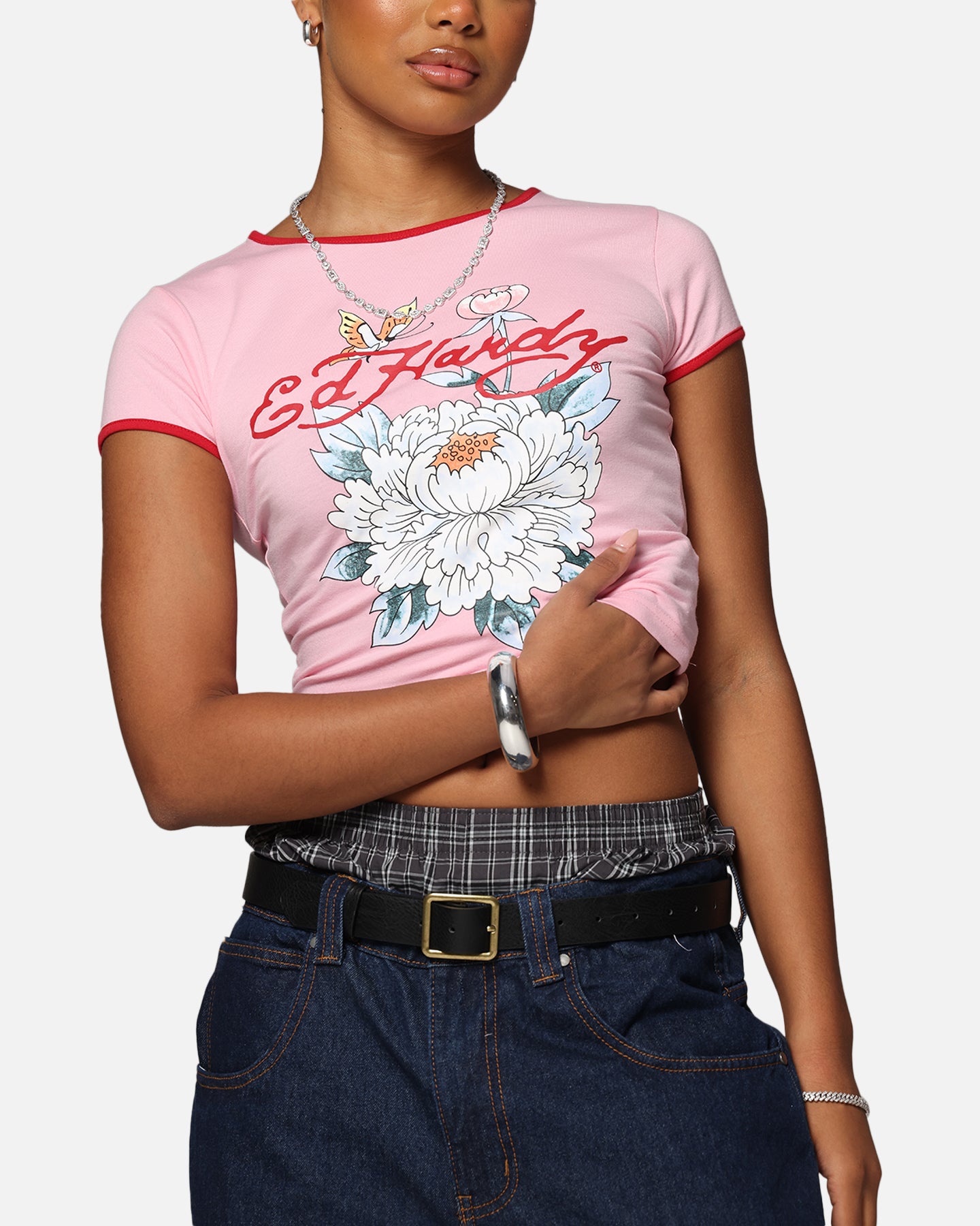 Ed Hardy Women's Blooming Baby Ringer T-Shirt Pink/Red、mySite、zt4zffjzw