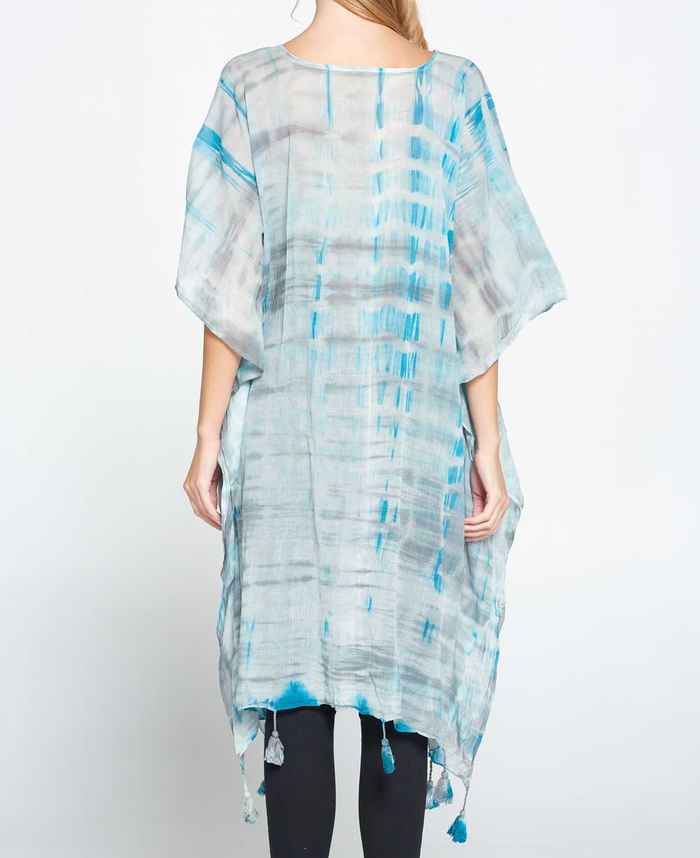 Tie and Dye Sheer Cotton Kaftan in Grey and Turquoise Tones、mySite、topwebapps