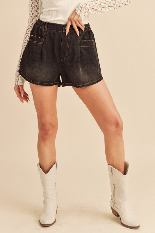  Aemi + Co Frayed Hem Elastic Waist Denim Shorts、mySite、justintrudeaud