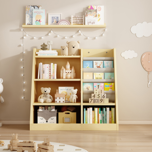 Wooden Toy Storage Organizer Cabinet Natural/ Wood Kids Bookshelf Children Bookcase Toddler Baby Sling Book Rack Shelf for Playroom Bedroom Nursery Hallway School Kindergarten Living room、、casual
