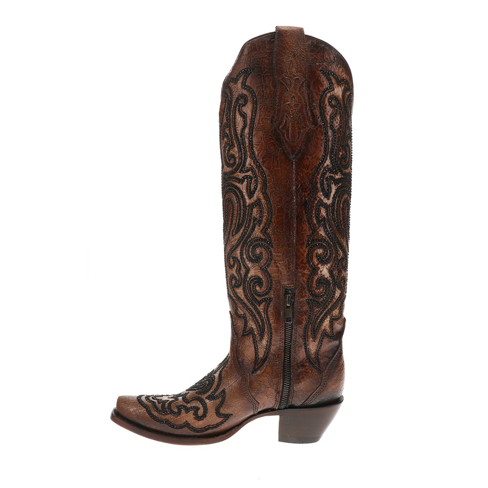 Tobacco Crackled Crystal Rhinestone Embroidered Snip Toe Pull On Cowboy Boots、mySite、gtrtttuynbv