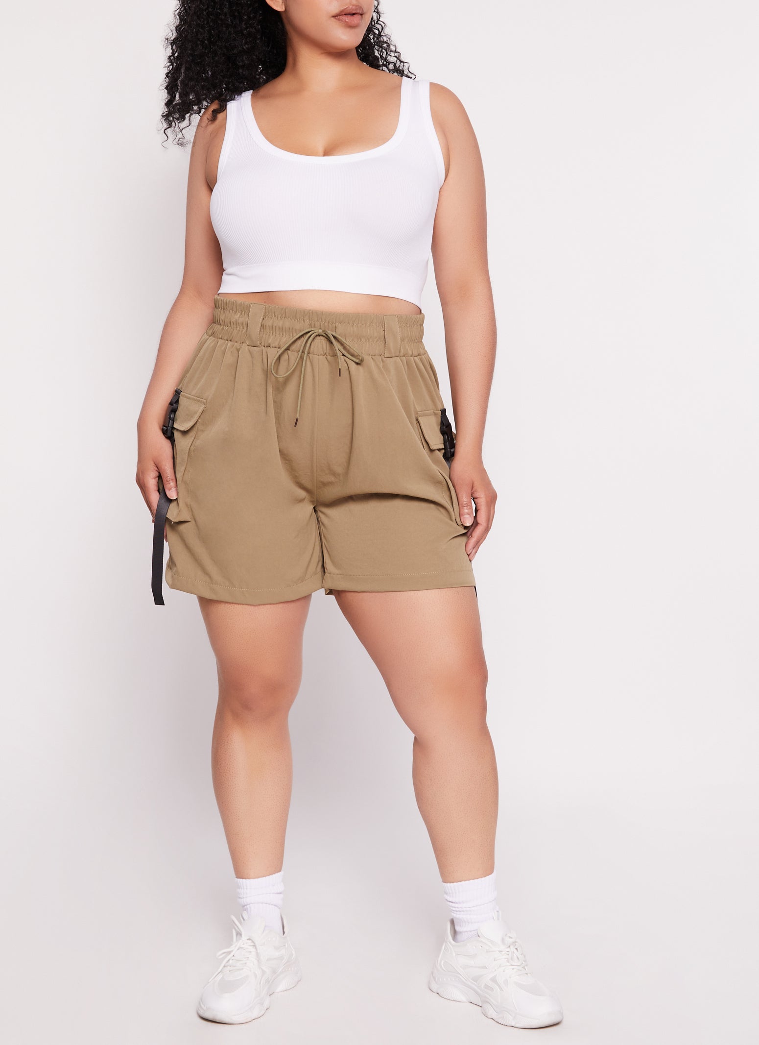 Plus Size Buckle Detail High Waist Cargo Shorts、mySite、camillekostekn