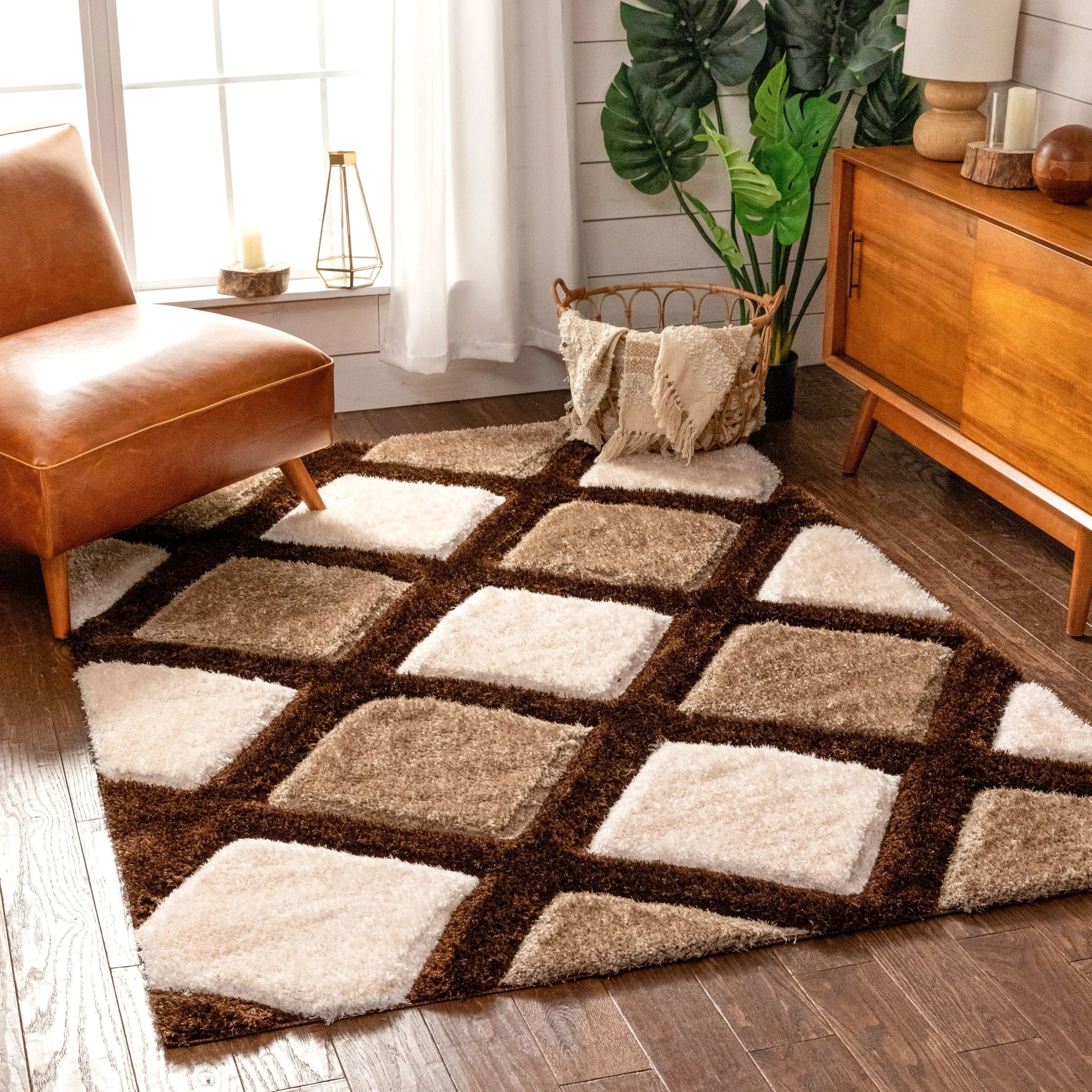 Posh Brown Modern Geometric 3D Textured Shag Rug By Chill Rugs、mySite、gigharbornorthrealestate